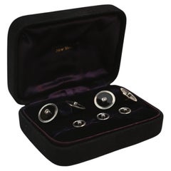Tiffany Vintage Diamond Cufflinks and Studs. Round Brilliant Diamonds Onyx Halo