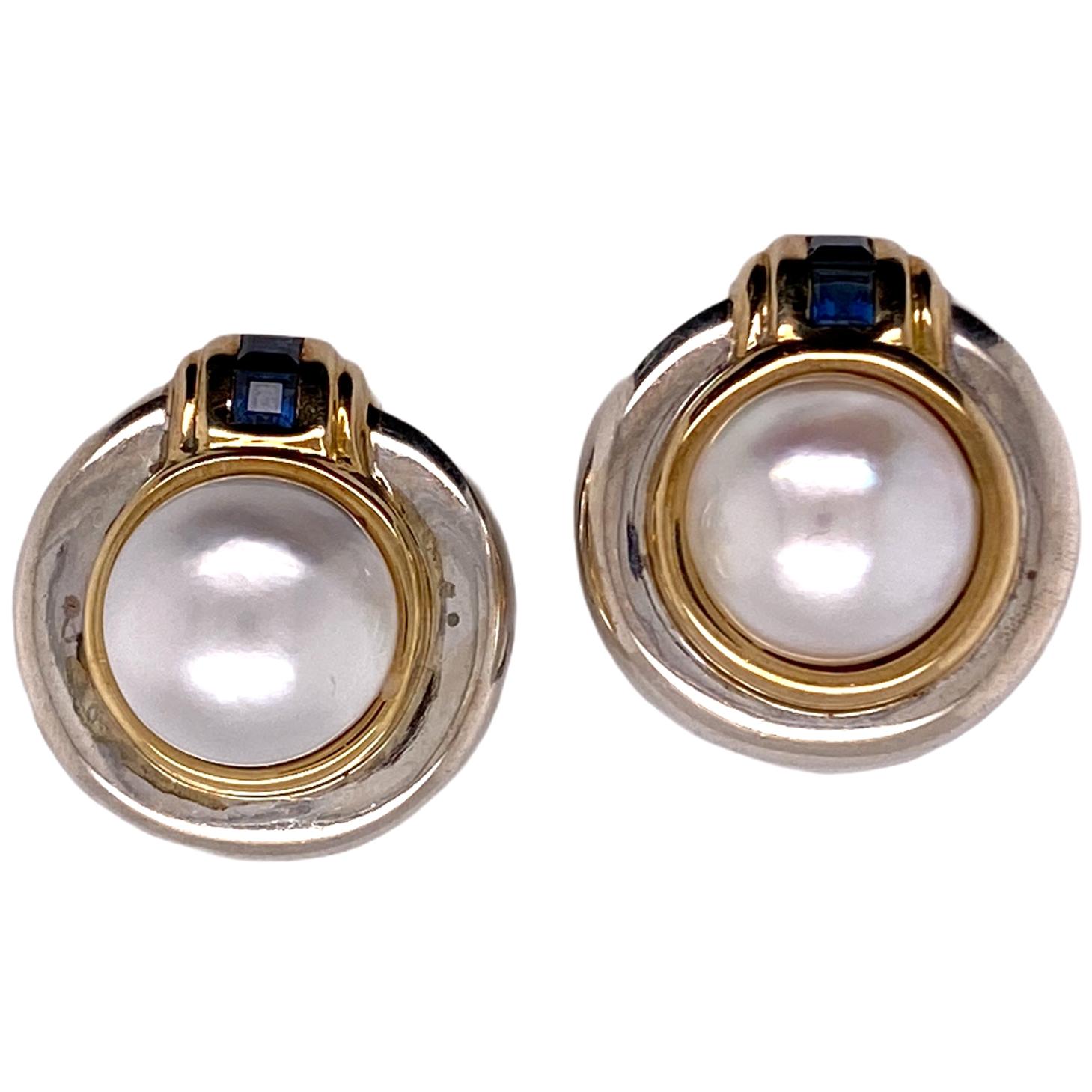 Tiffany Vintage Mabe Pearl Sapphire Sterling Silver Yellow Gold Earrings