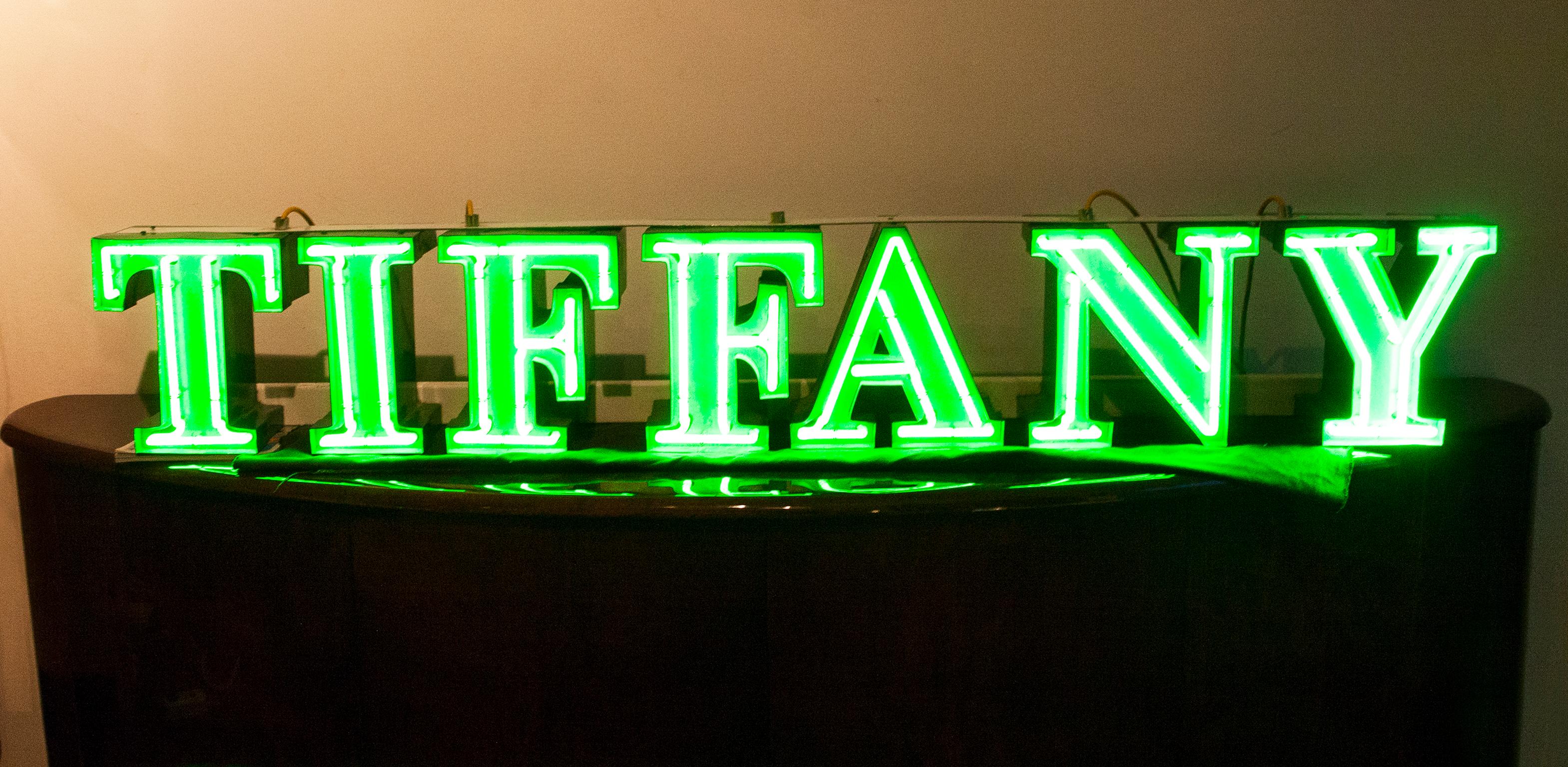 Fabulous original vintage Tiffany neon advertising a jewelry gallery in Germany from the 1970s.