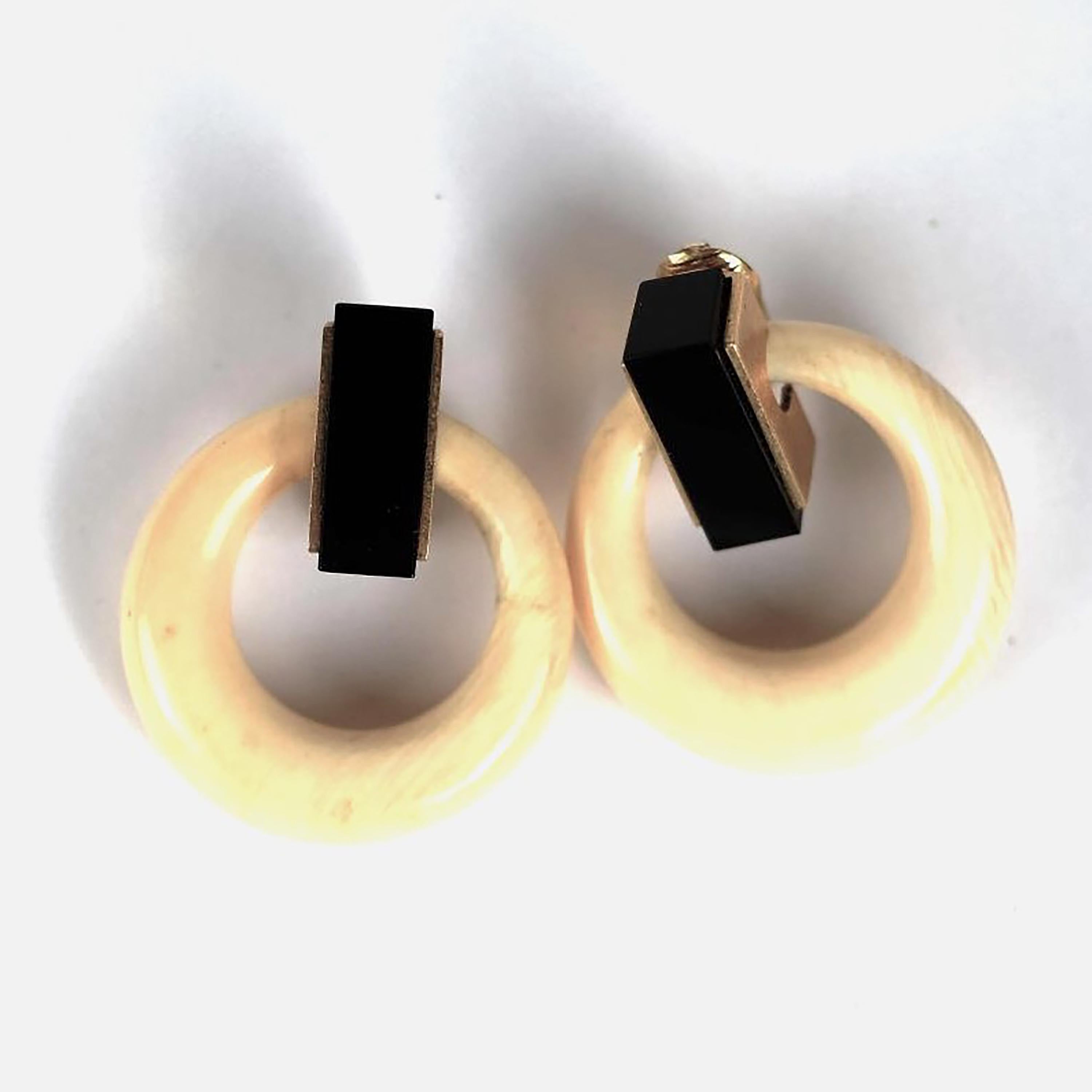 Women's Tiffany Vintage Rare White Bone Black Stone 18 Karat Gold 2 Inch Hoop Earrings 