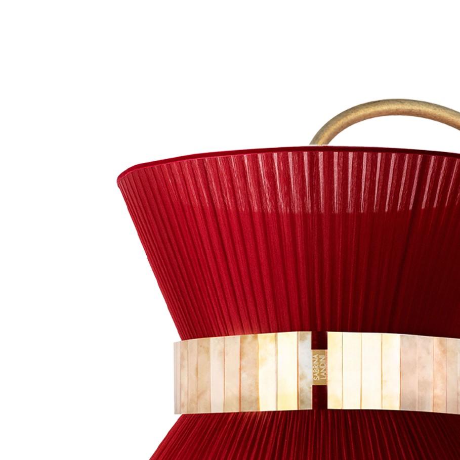 Modern “Tiffany” Wall Bracket 30 Red-Heart Silk, Antiqued Brass, Silvered Glass For Sale