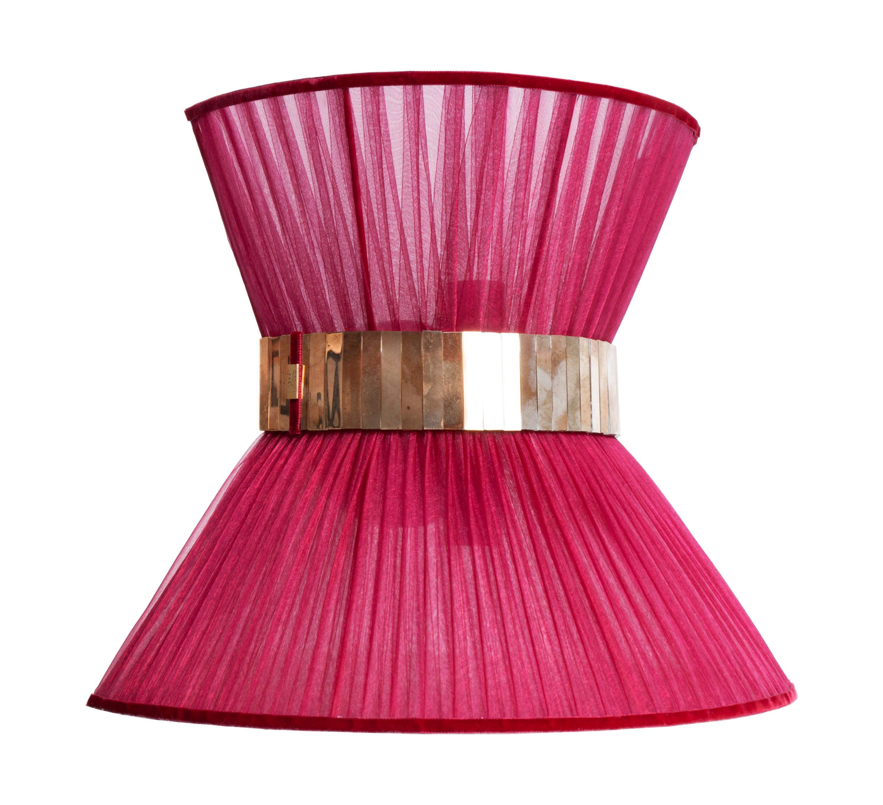 Modern “Tiffany” Wall Lamp Bow Tie 40, Ruby Silk, Antiqued Brass, Silvered Glass For Sale