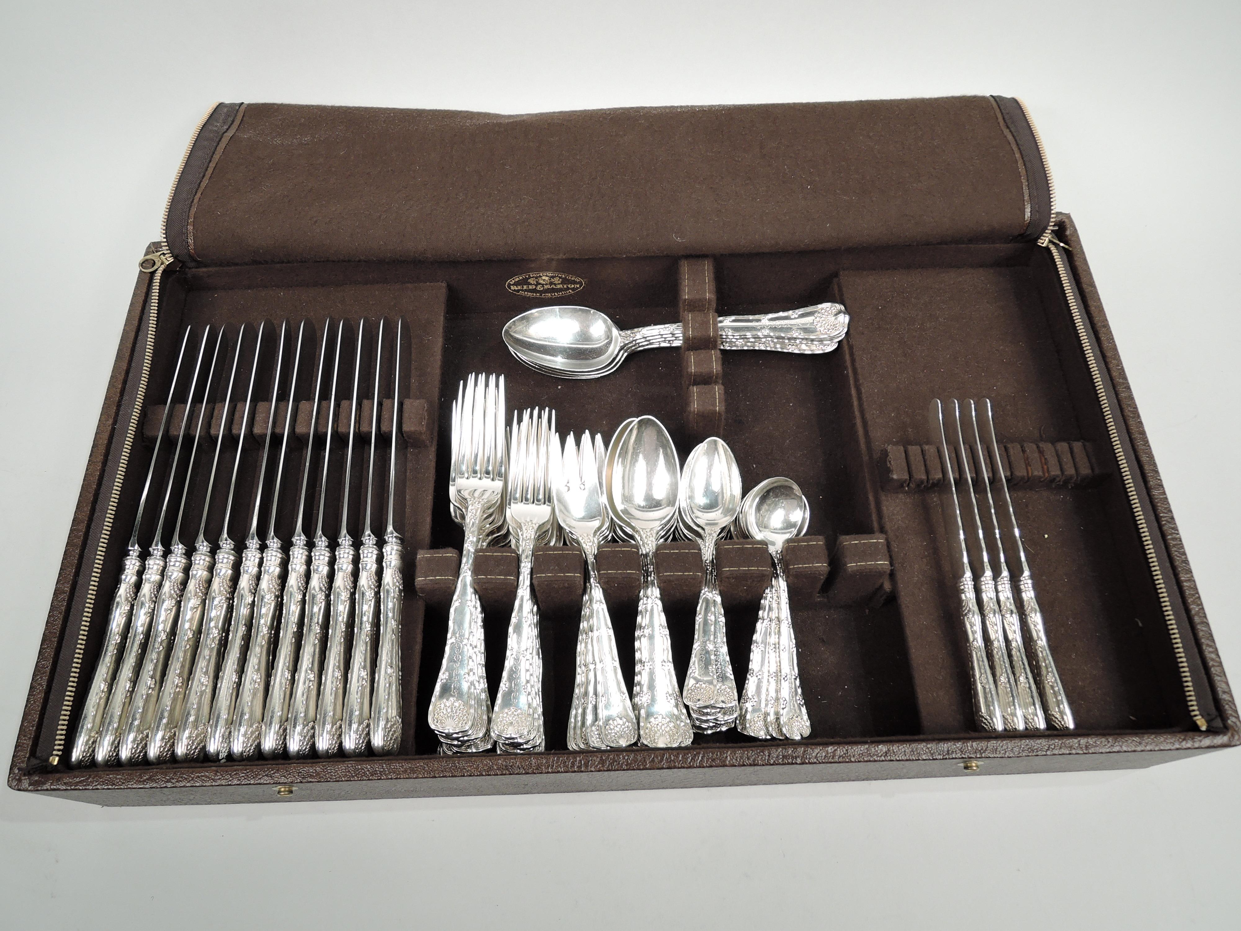 Wave Edge sterling silver flatware set. Made by Tiffany & Co. in New York, circa 1890. This set comprises 91 pieces (dimensions in inches):

Forks: 12 dinner forks (8), 12 luncheon forks (7), and 12 salad forks (6 3/4);

Knives: 12 dinner knives