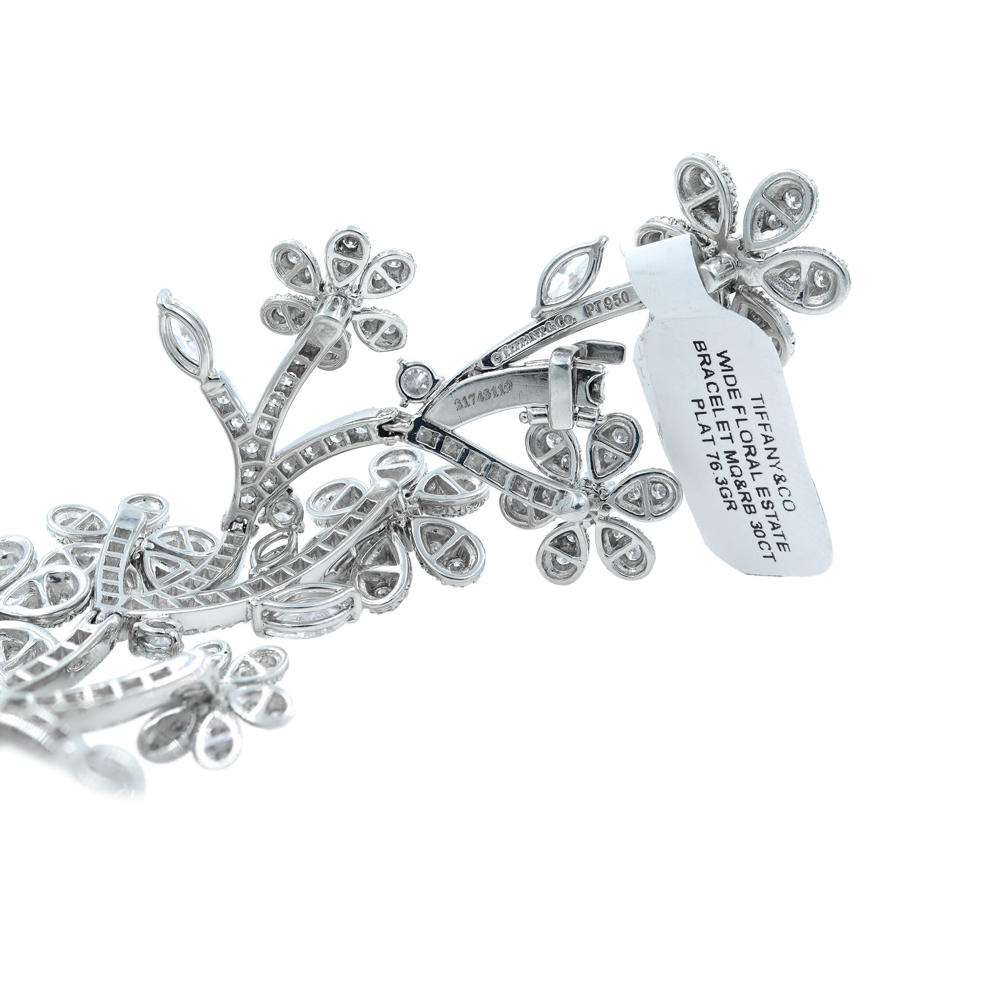 Modern Tiffany Wide Floral Estate Platinum Round Marquise Diamond Bracelet 30.00 cttw 