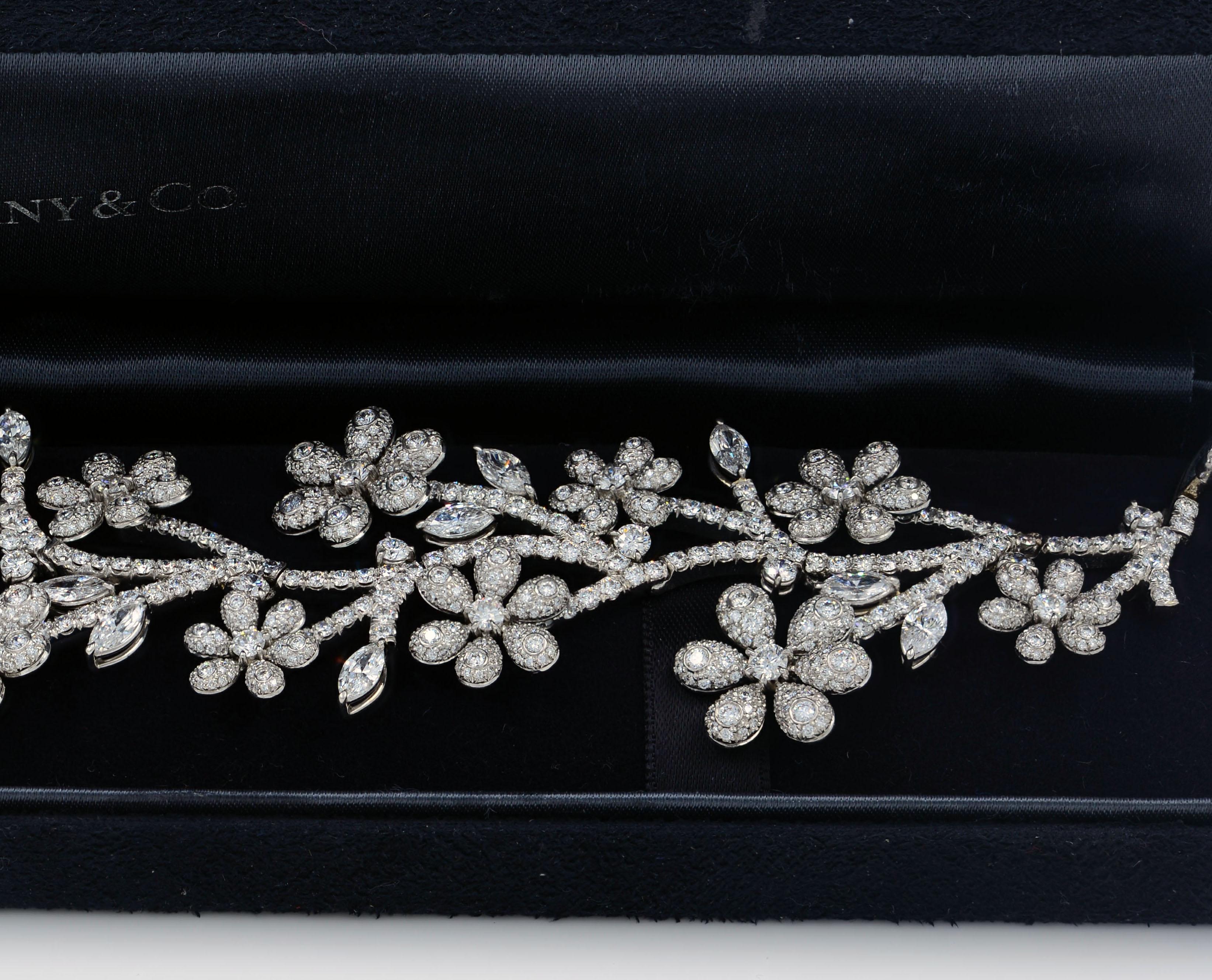 Tiffany Wide Floral Estate Platinum Round Marquise Diamond Bracelet 30.00 cttw  In Excellent Condition In New York, NY