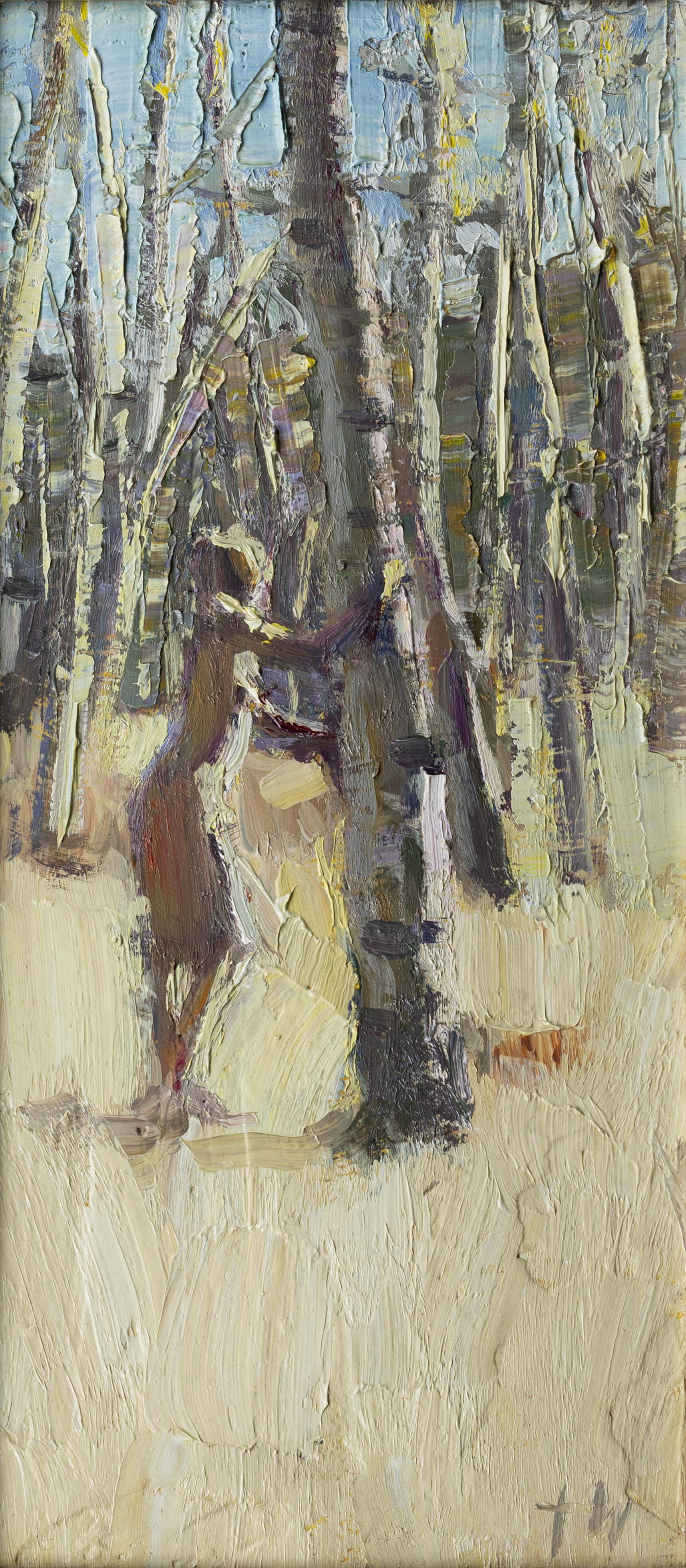 "Amongst Aspens" di Tiffany Williams è un dipinto a olio su tavola originale e impressionista che raffigura una donna in posa contro un albero di pioppo nel tardo pomeriggio in una foresta di pioppi. Questo pezzo misura 14 x 6,5 pollici ed è