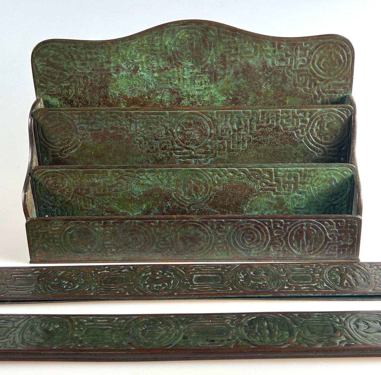 Tiffany Studios American Arts and Crafts style patinated letter box and blotter ends.  This set retains significant green and red patina and over the years had accumulated some black tones that were gently cleaned but not removed because many would