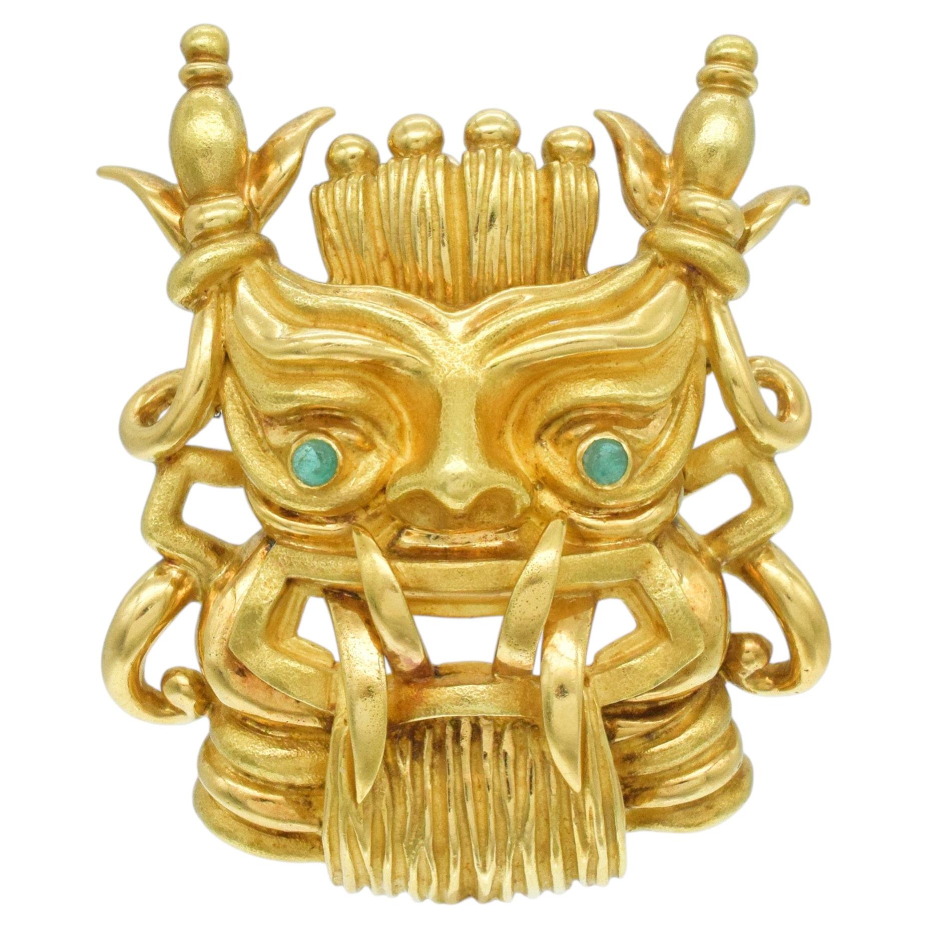 Tiffany&Co 18k Yellow Gold Mask Brooch / Pendant With Emerald Eyes.