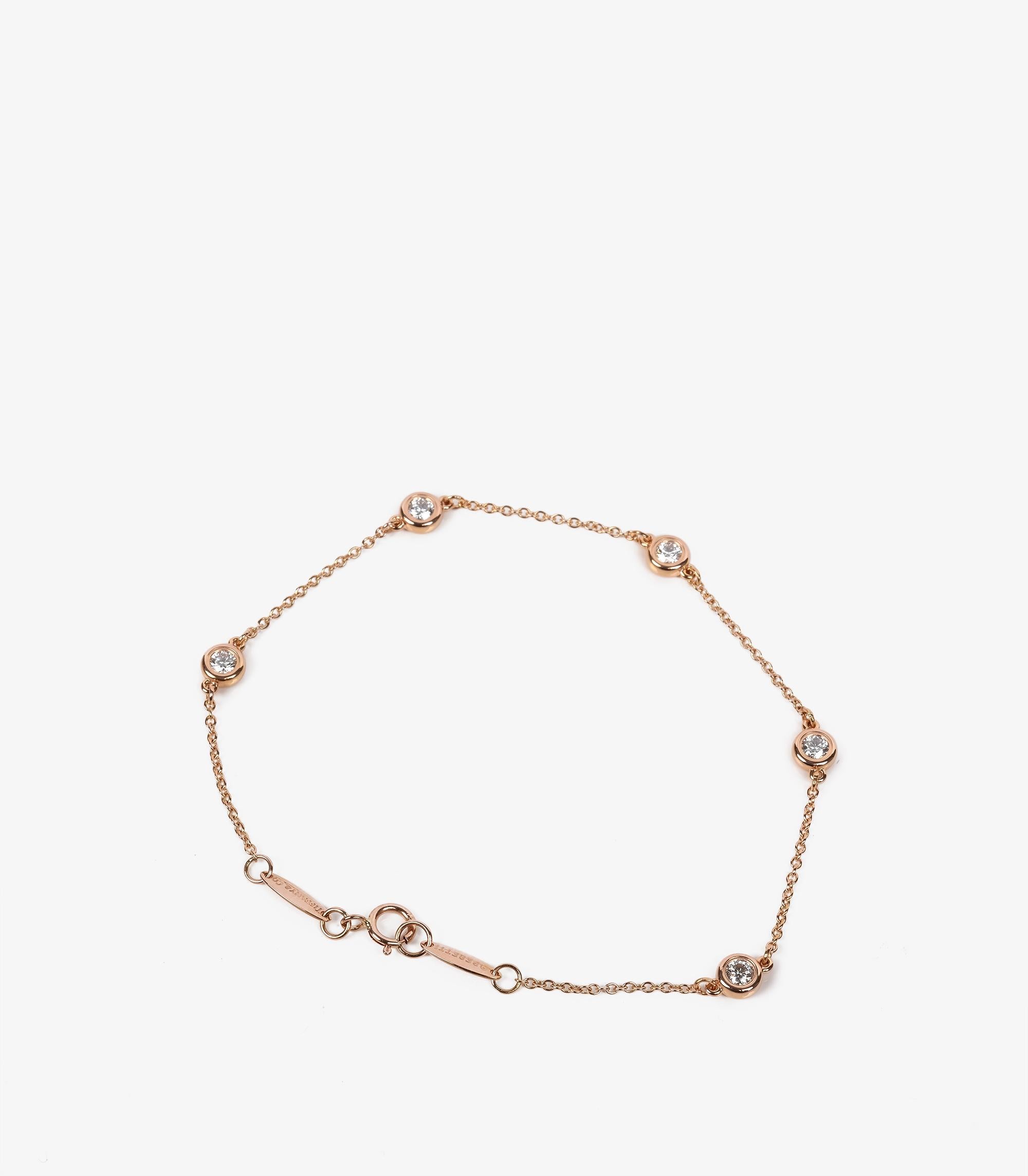 Tiffany & Co. 5 Diamond 18ct Rose Gold Elsa Peretti Diamonds by the Yard Bracelet

Product Details
Xupes Ref: J1481
Brand: Tiffany & Co.
Model: 5 Station Diamonds by the Yard Bracelet
Type: Bracelet
RRP: £4,100
Material(s): 18ct Rose Gold
Gemstone: