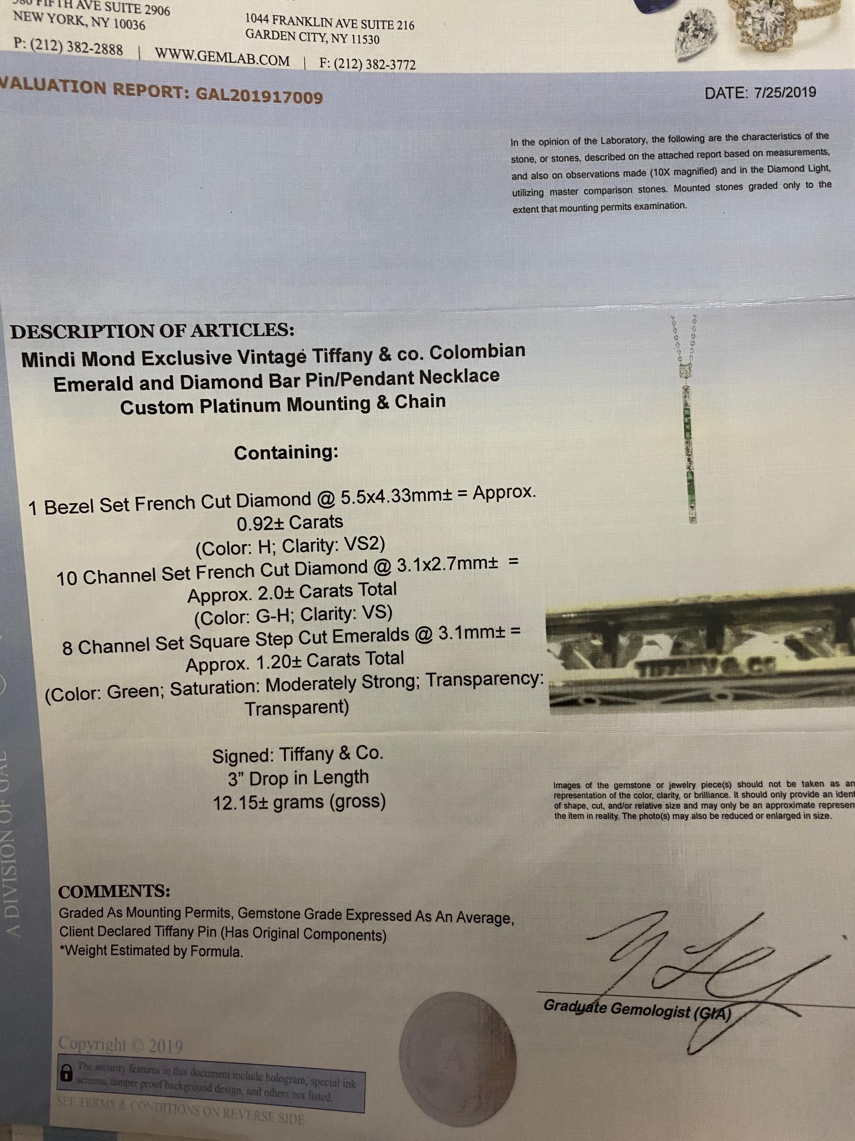 Tiffany and Co. Art Deco Colombian Emerald Diamond Platinum Bar