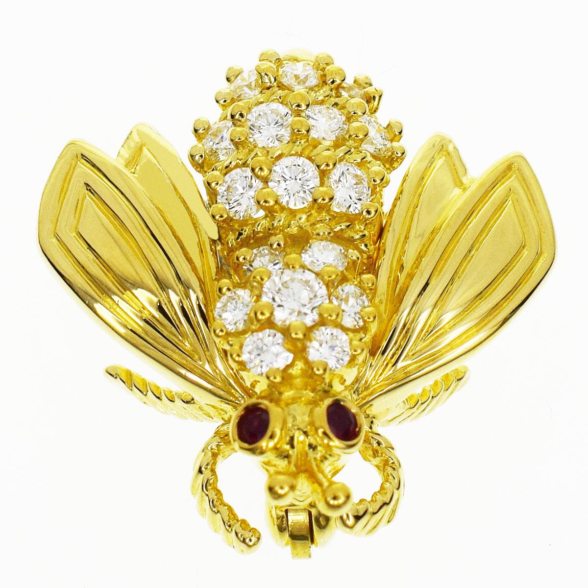 Round Cut Tiffany & Co. Diamond Ruby 18 Karat Bee Brooch