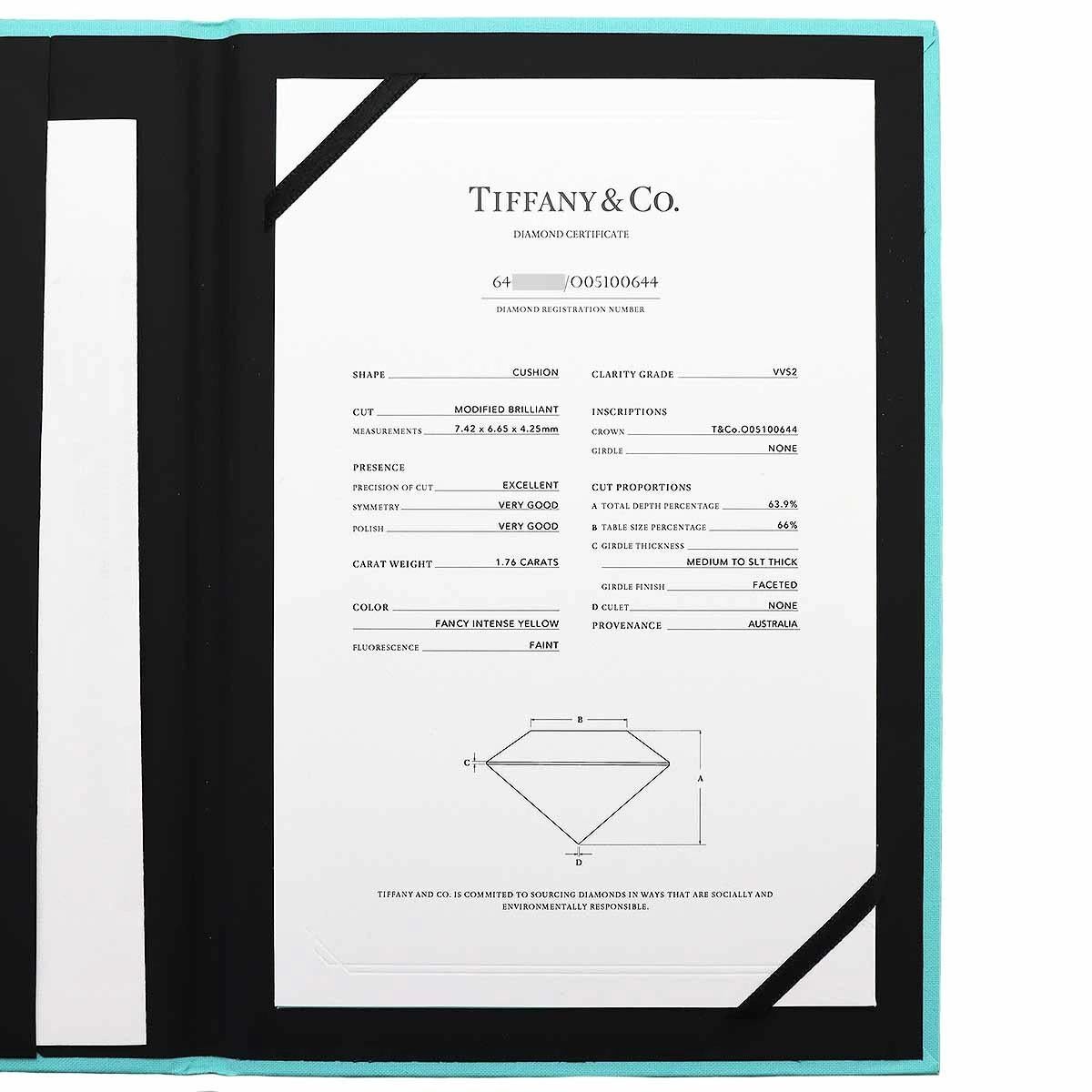 TIFFANY&Co. Novo Bague en platine avec diamant jaune 1,76ct FIY-VVS2-Ex US 4 1/4 en vente 2