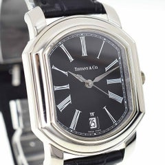 Tiffany&Co. Platinum Black Leather Strap Mark Coupe Watch Automatic Date Display