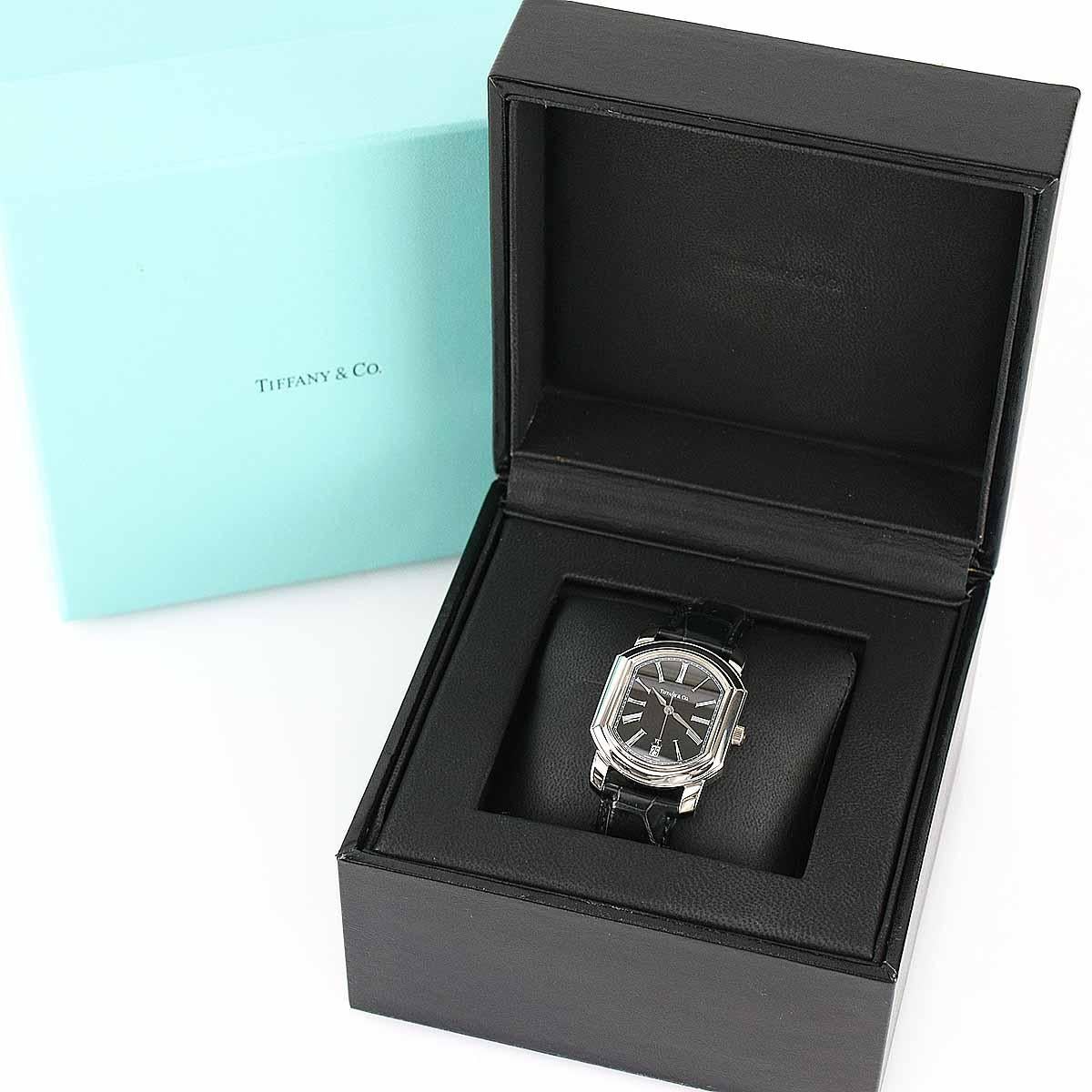 Men's Tiffany&Co. Platinum Black Leather Strap Mark Coupe Watch Automatic Date Display