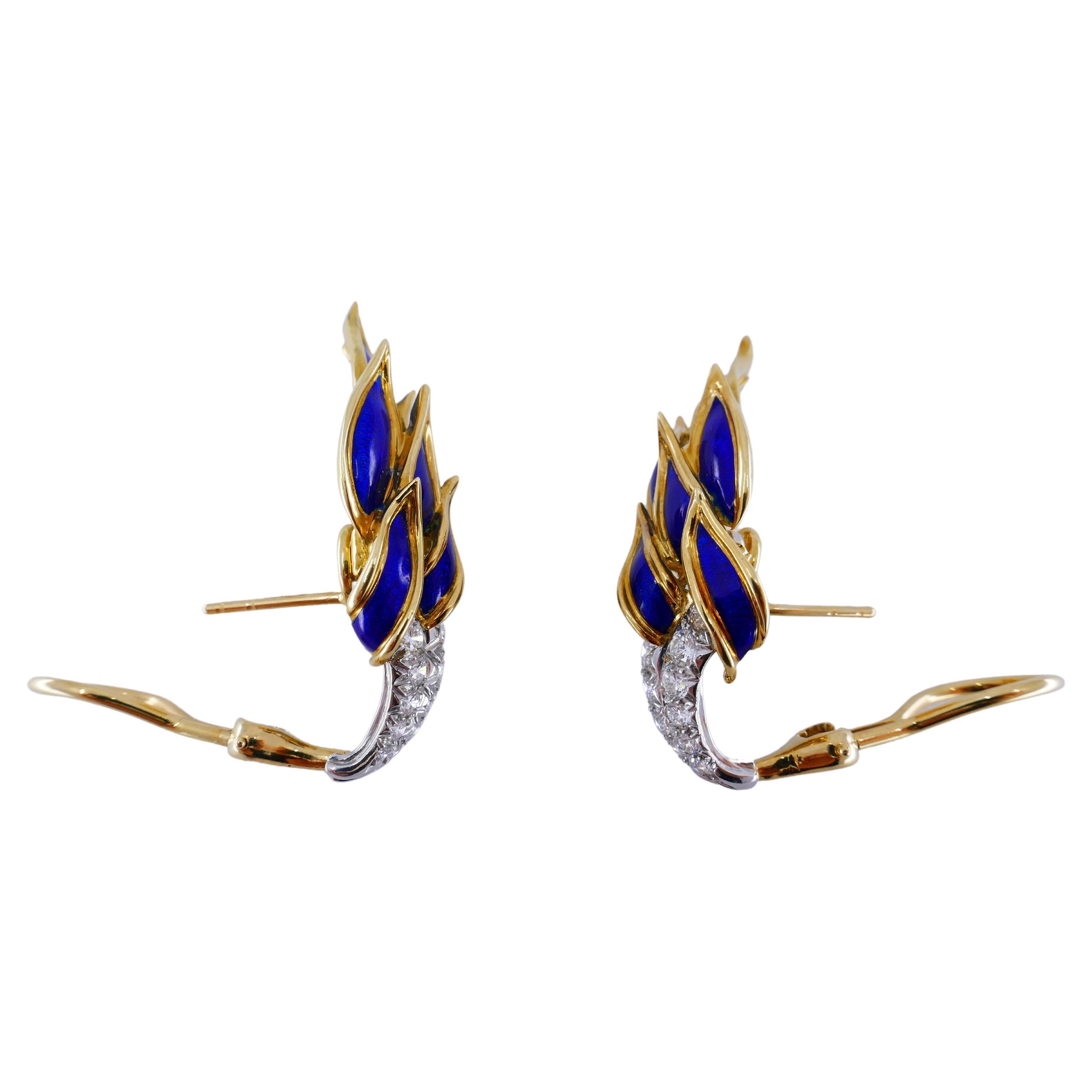 Round Cut Tiffany & Co. Schlumberger Gold Enamel Flame Earrings
