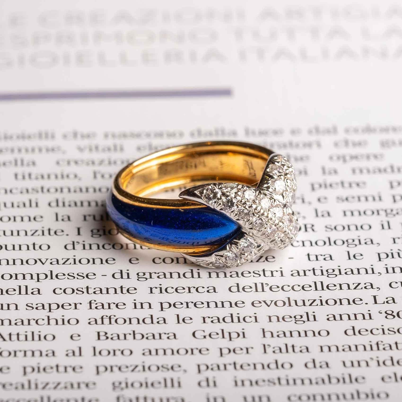 Tiffany & Co. Anello Schlumberger in oro 18ct, platino e smalto blu con diamanti In condizioni buone in vendita a Milano, MI
