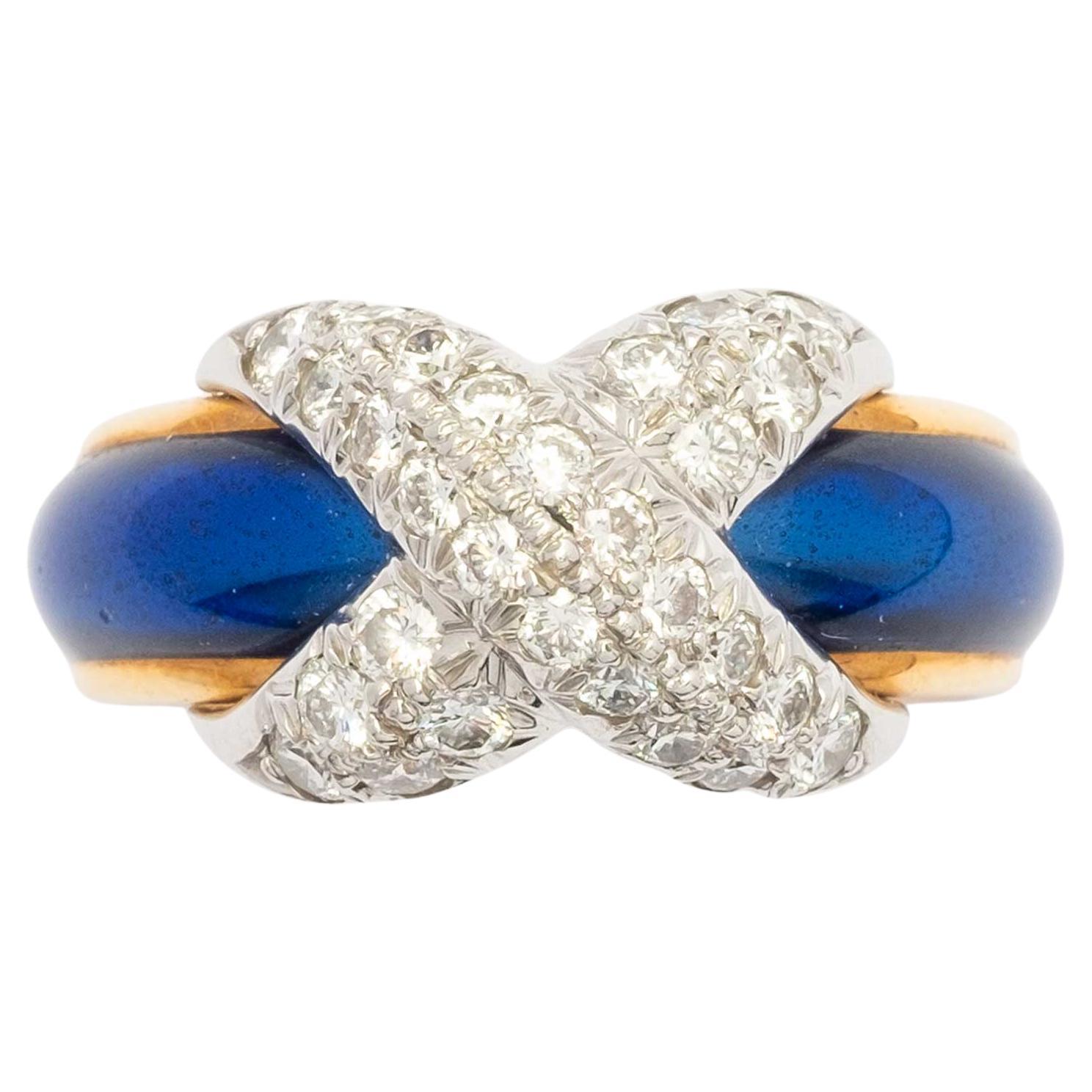Tiffany & Co. Anello Schlumberger in oro 18ct, platino e smalto blu con diamanti in vendita