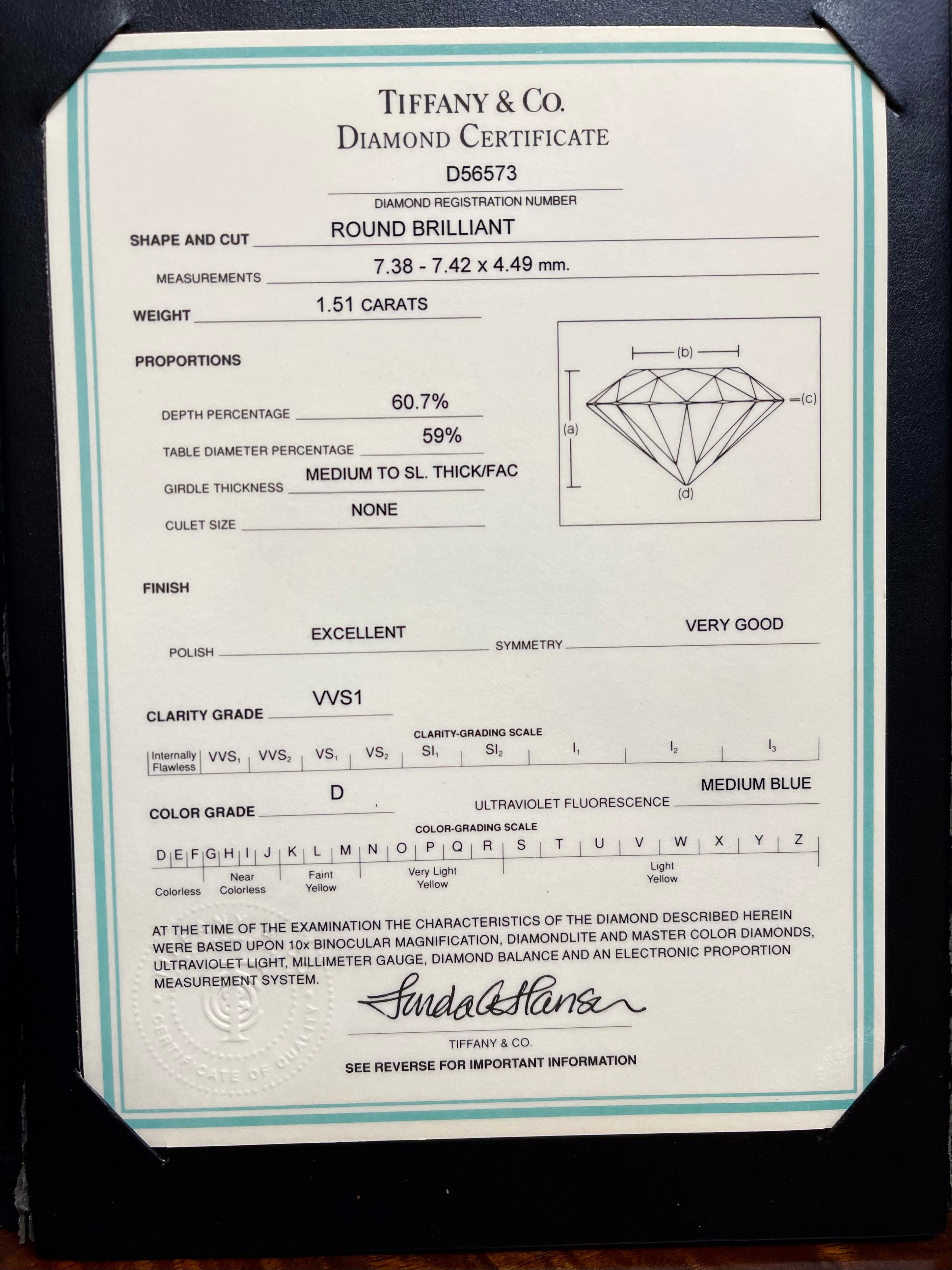 Diamant rond brillant de 1,51 carat D sans défaut certifié GIA par Tiffany's Unisexe en vente