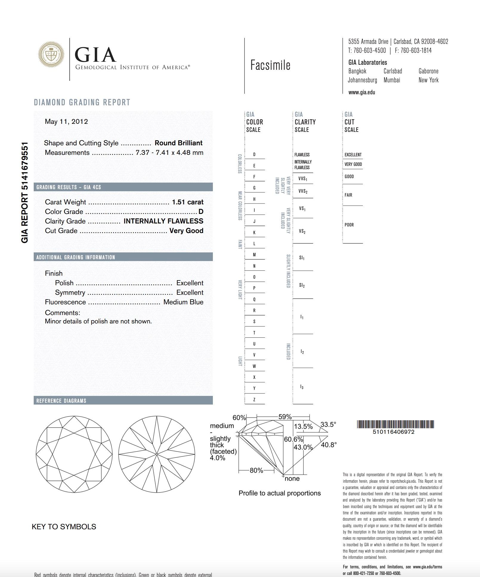 Round Cut GIA certified Tiffany's 1.51 Carat D Flawless Brilliant Round Diamond For Sale