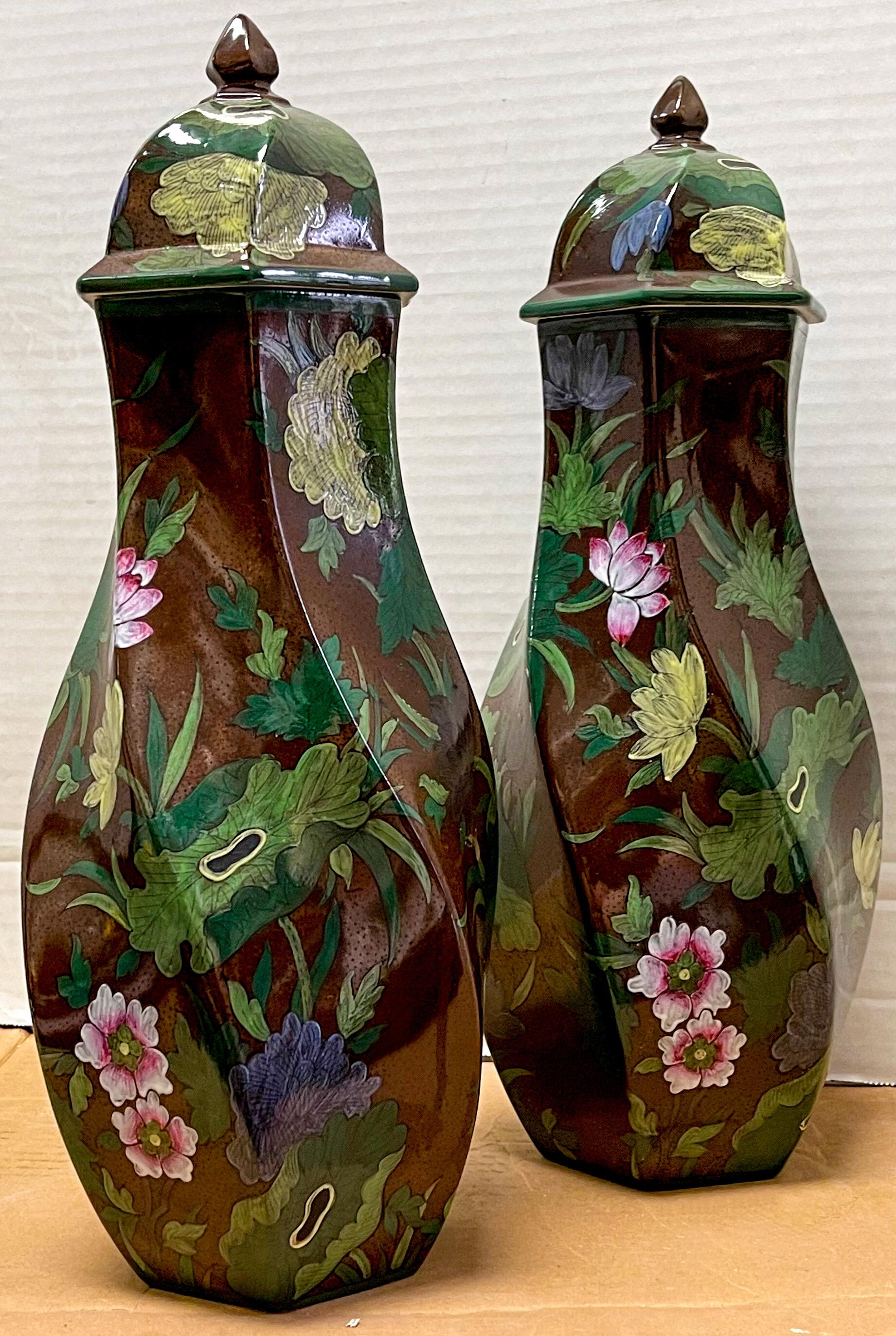 Tiffany’s French Porcelain Painted Chinese Export Style Lotus Ginger Jars, Pair In Good Condition In Kennesaw, GA