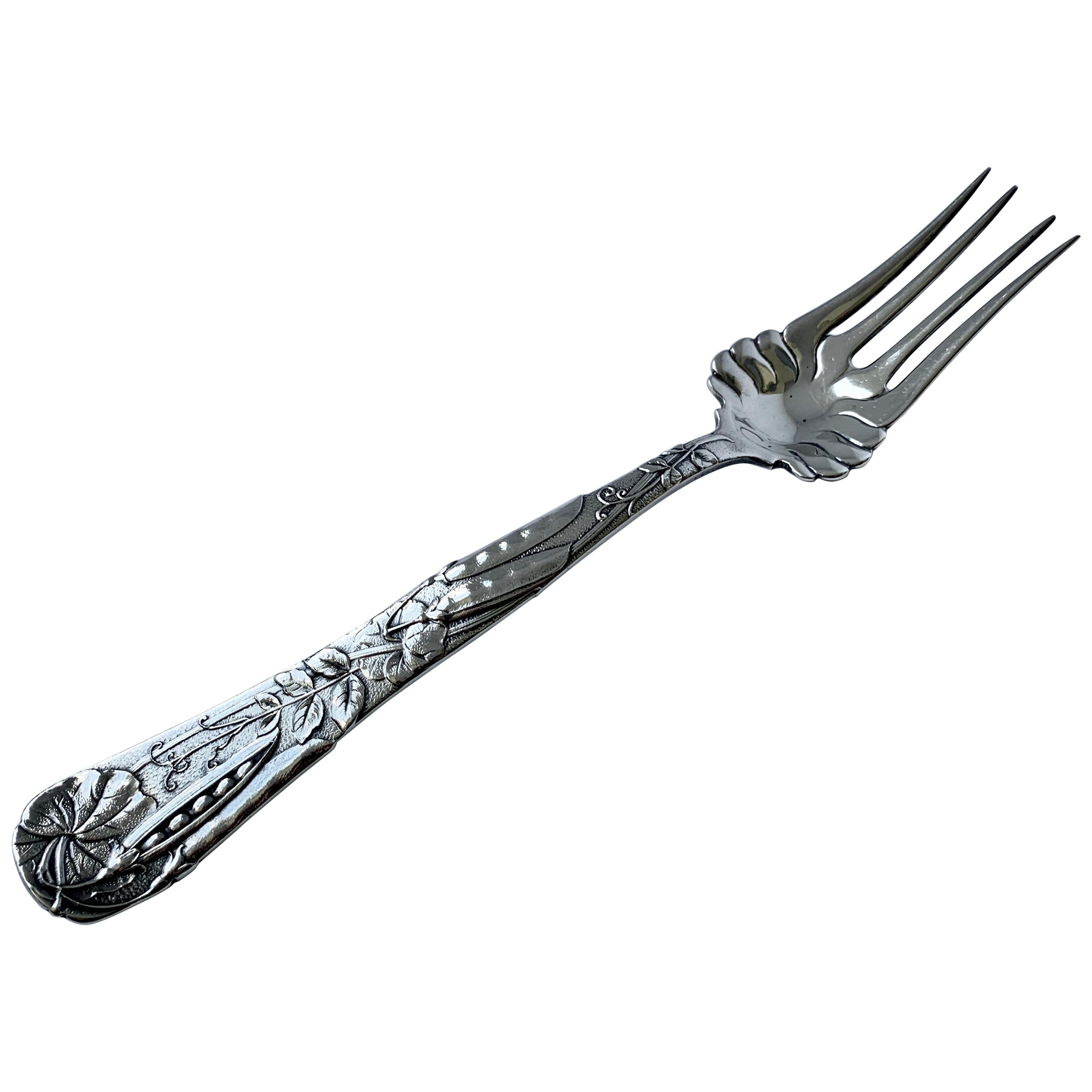 Tiffany Sterling Silver "Vine" Pattern with Pea Pod Motif Cold Meat Fork For Sale