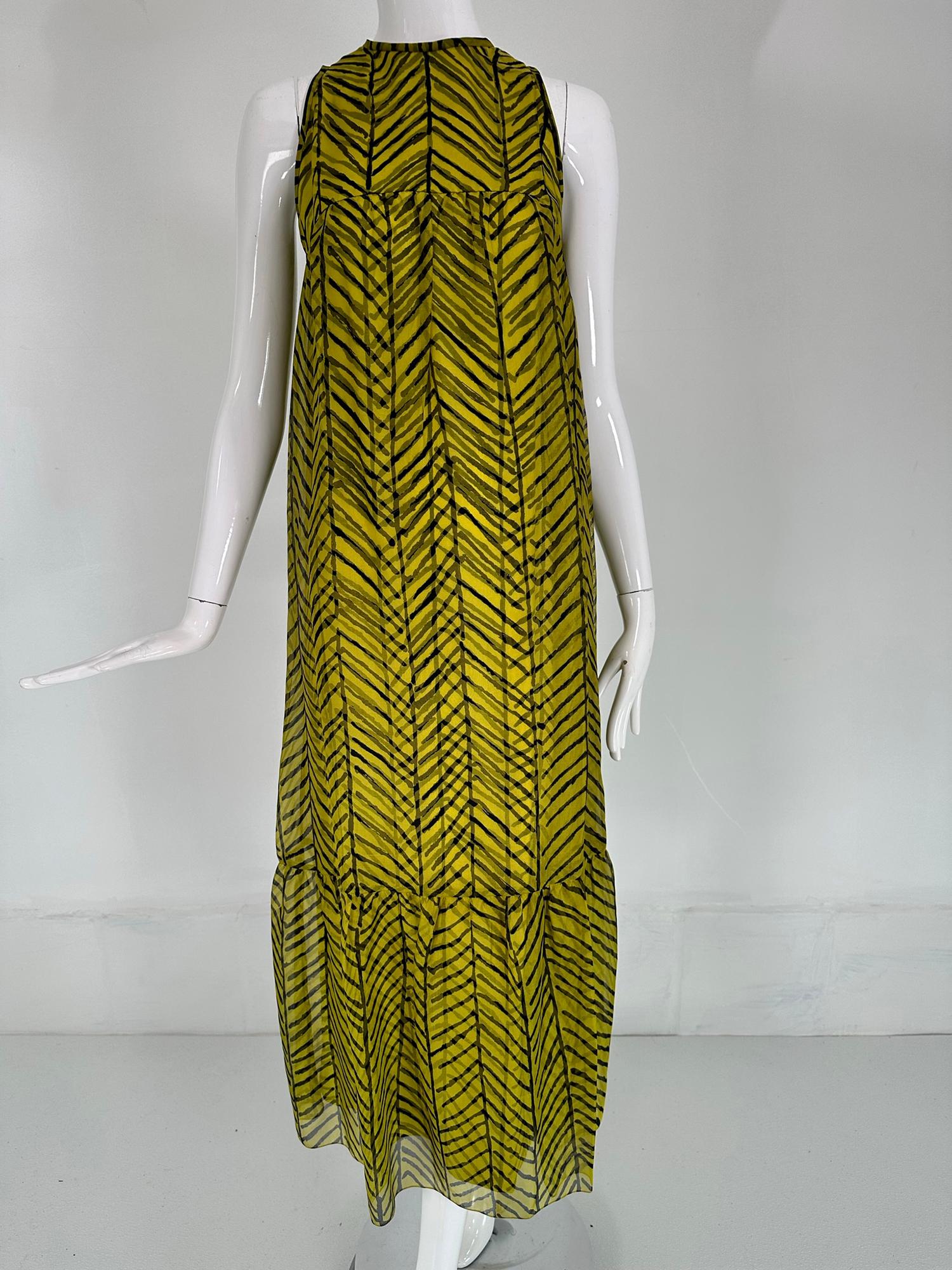Tiffeau & Busch LTD. New York, 1966 chartreuse yellow & black hand print silk organza & silk twill maxi dress. Jacques Tiffeau was known for his elegant designs crafted from start to finish by a designer who actually knew the process & could preform
