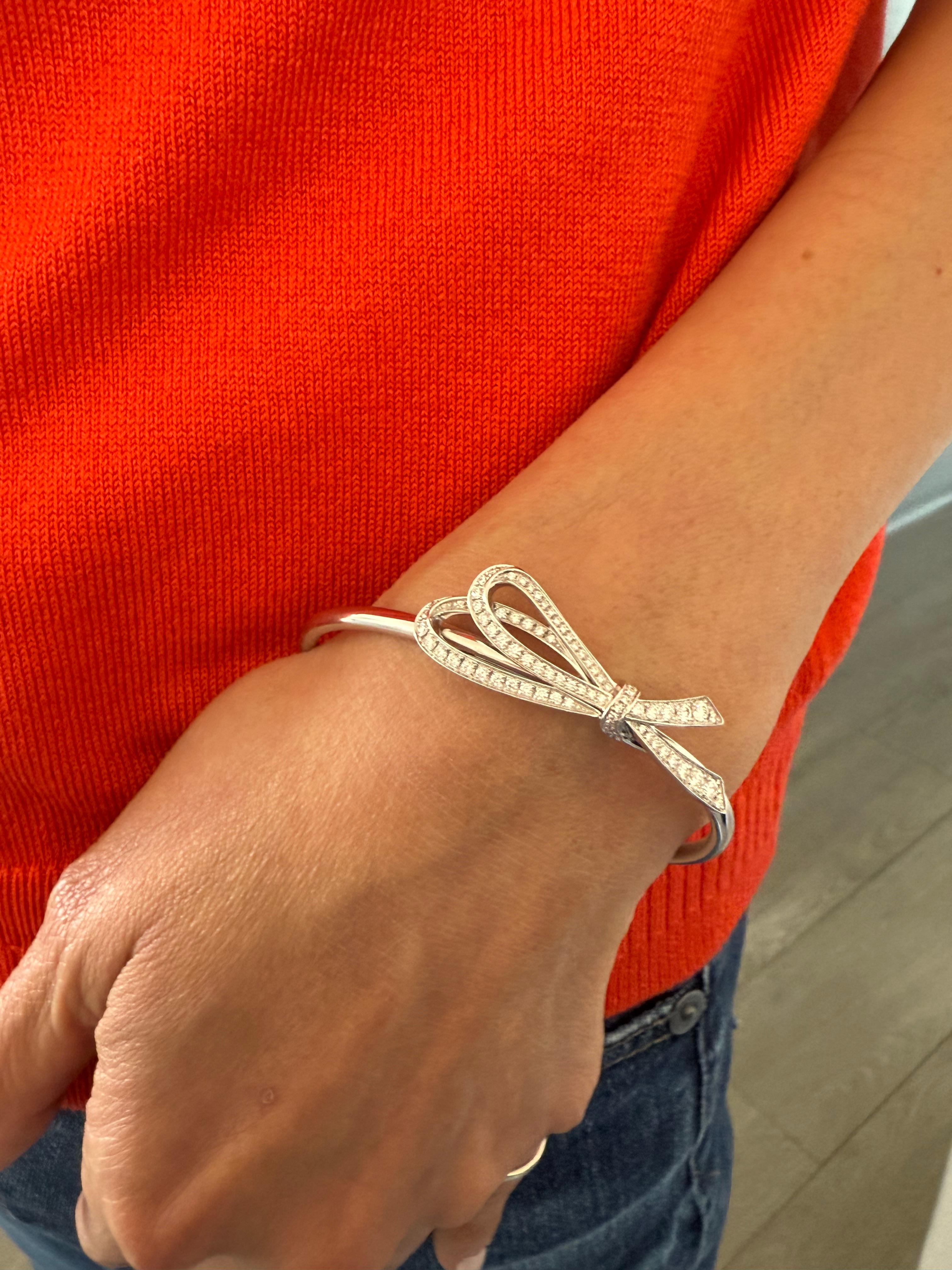 Tiffiany & Co. Diamond Bow Cuff Bracelet 18K White Gold In Good Condition For Sale In Beverly Hills, CA