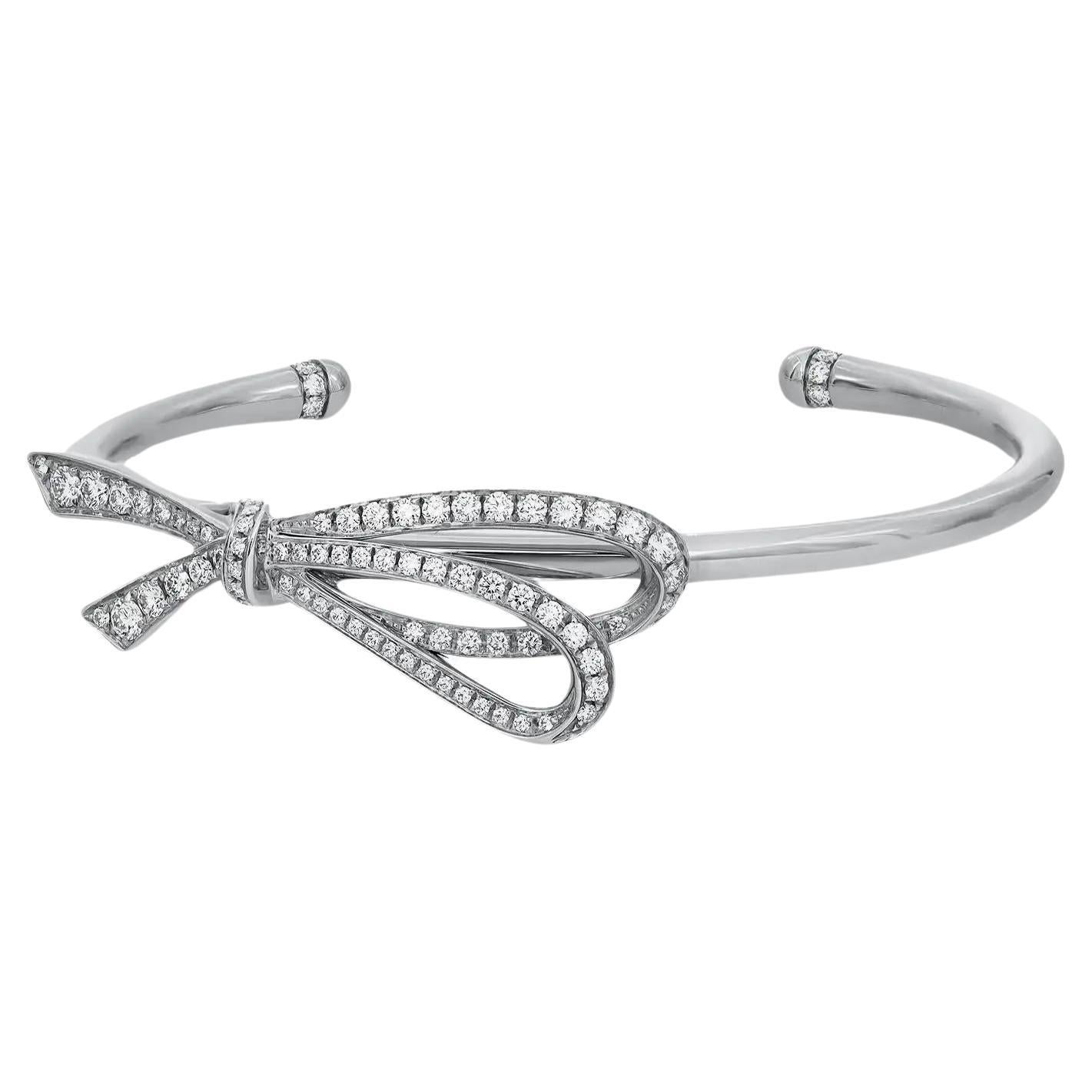 Tiffiany & Co. Diamond Large Bow Cuff Bracelet 18K White Gold Size Medium For Sale
