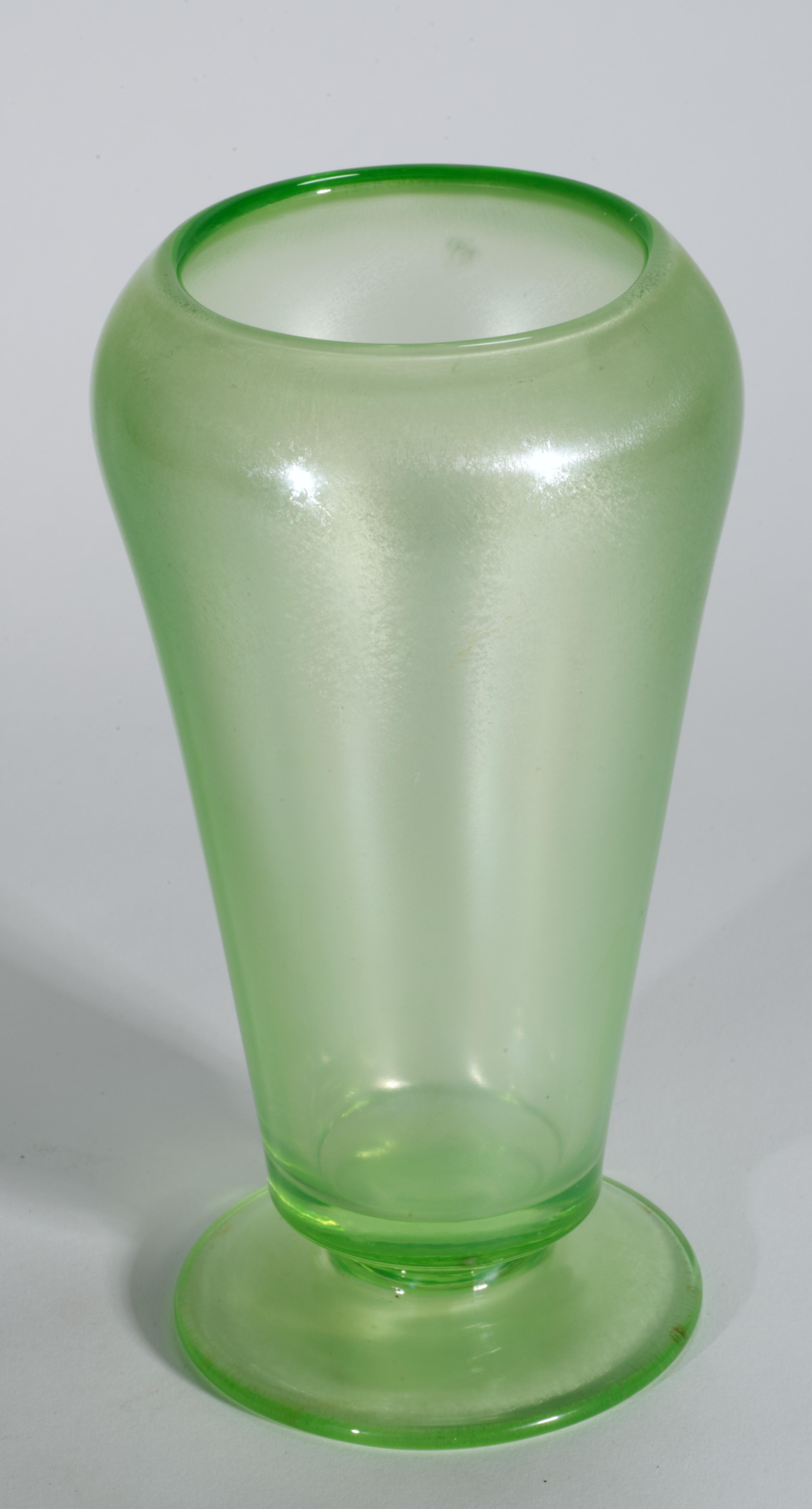 American Tiffin Art Deco Uranium Iridized Green Glass Vase, Glows in UV For Sale