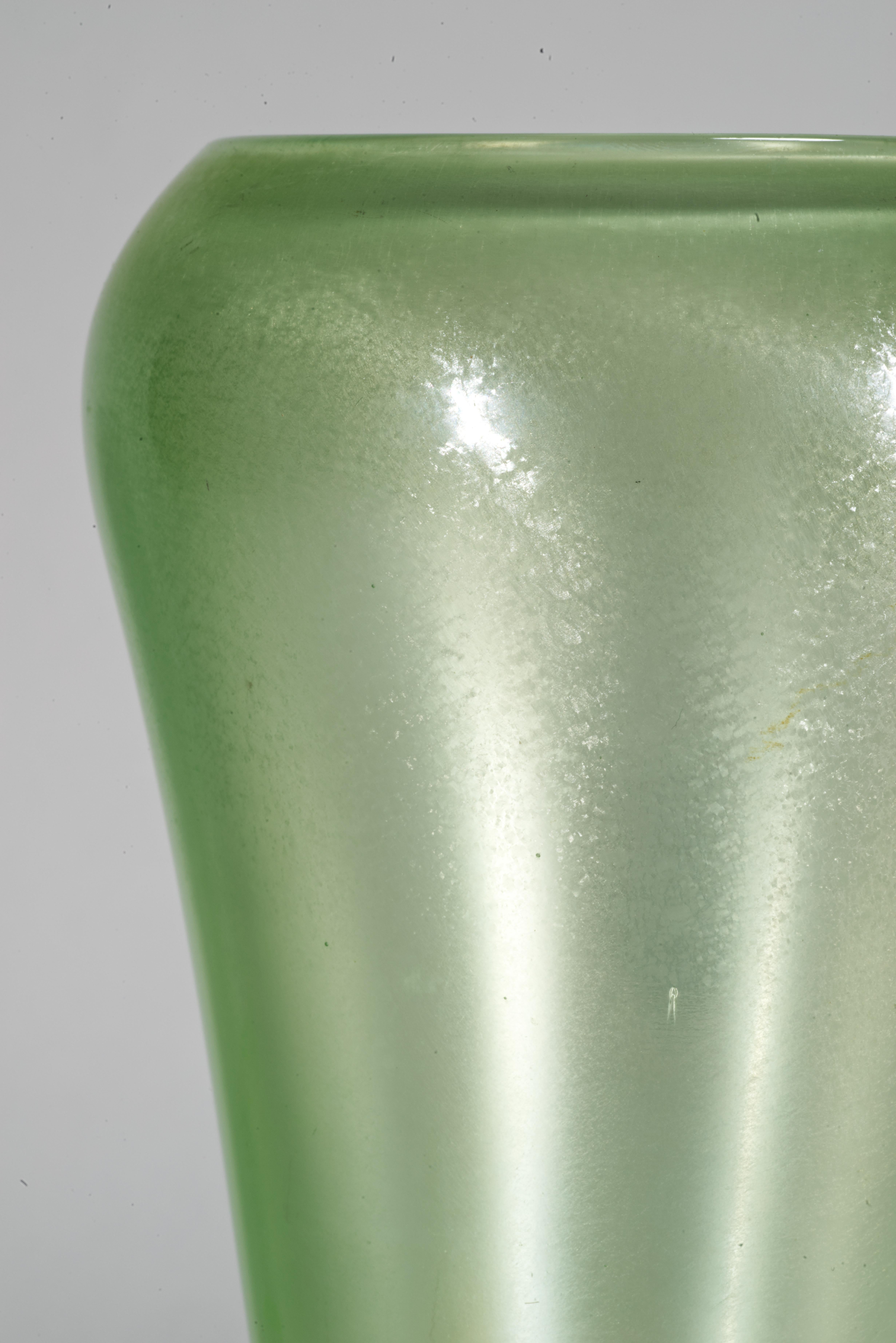 Hand-Crafted Tiffin Art Deco Uranium Iridized Green Glass Vase, Glows in UV For Sale