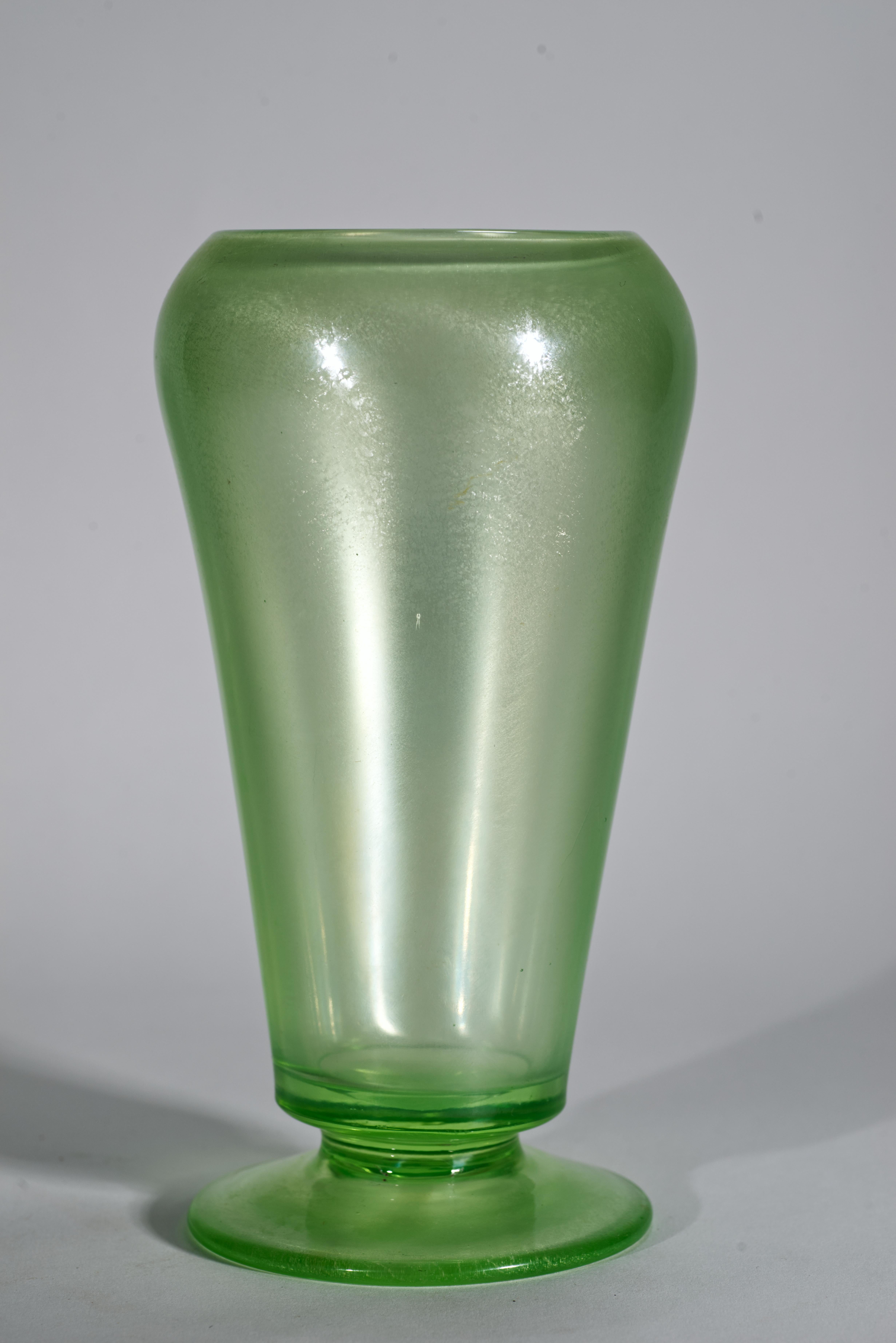 20th Century Tiffin Art Deco Uranium Iridized Green Glass Vase, Glows in UV For Sale