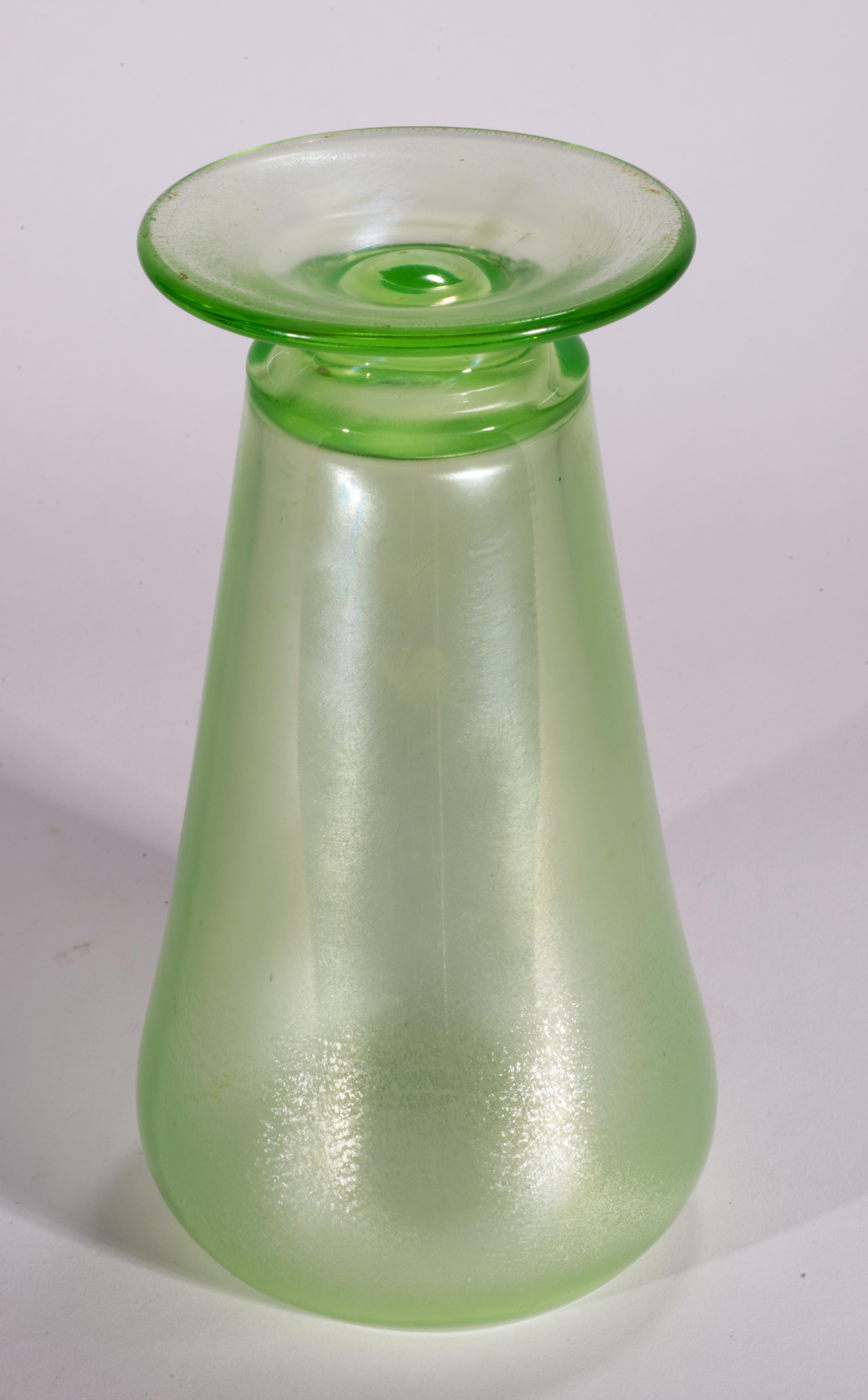 Uranium Glass Tiffin Art Deco Uranium Iridized Green Glass Vase, Glows in UV For Sale