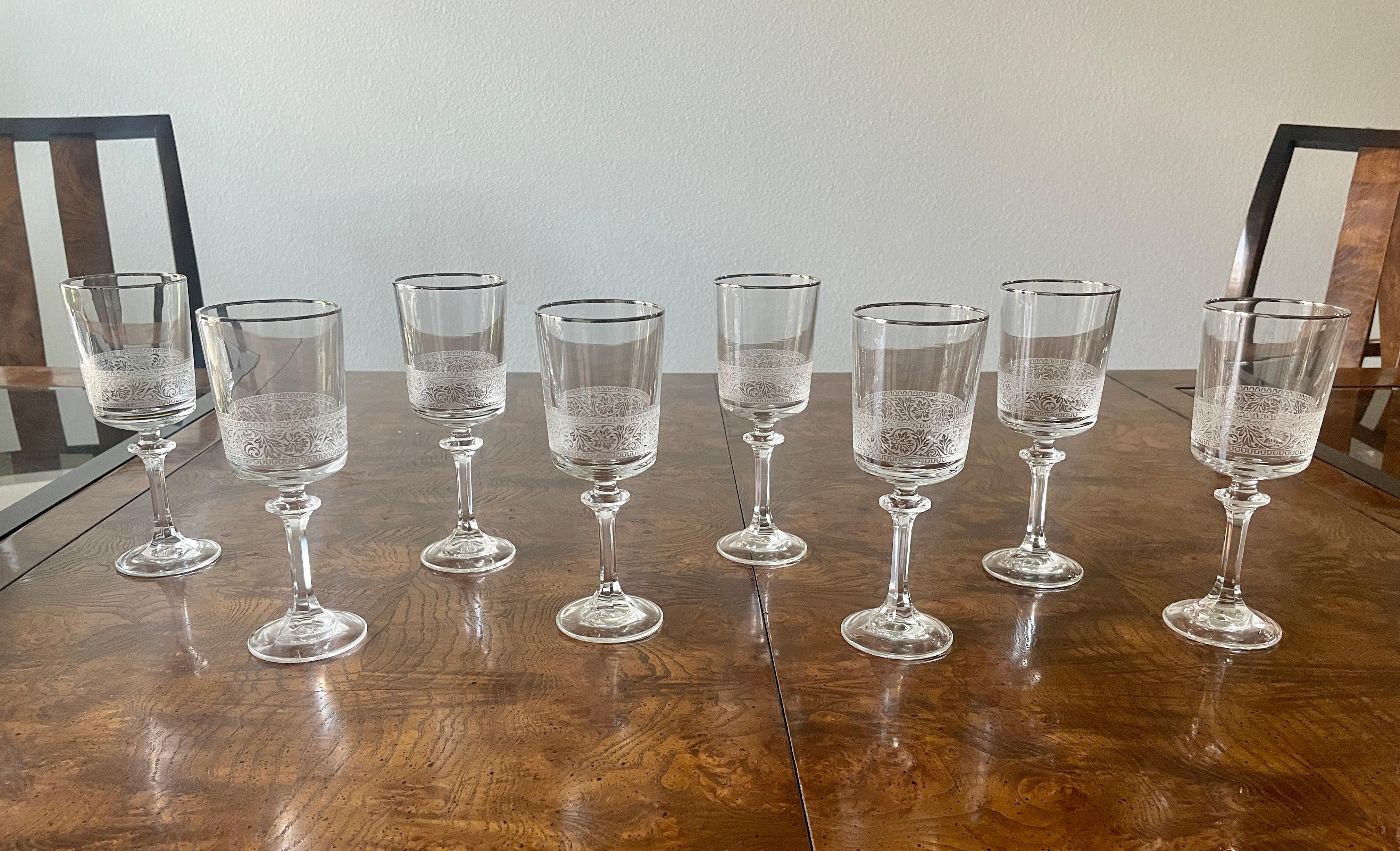 Set of 8 Tiffin Franciscan Platinum Renaissance Wine Glasses. Etched glass design with a platinum rim. 