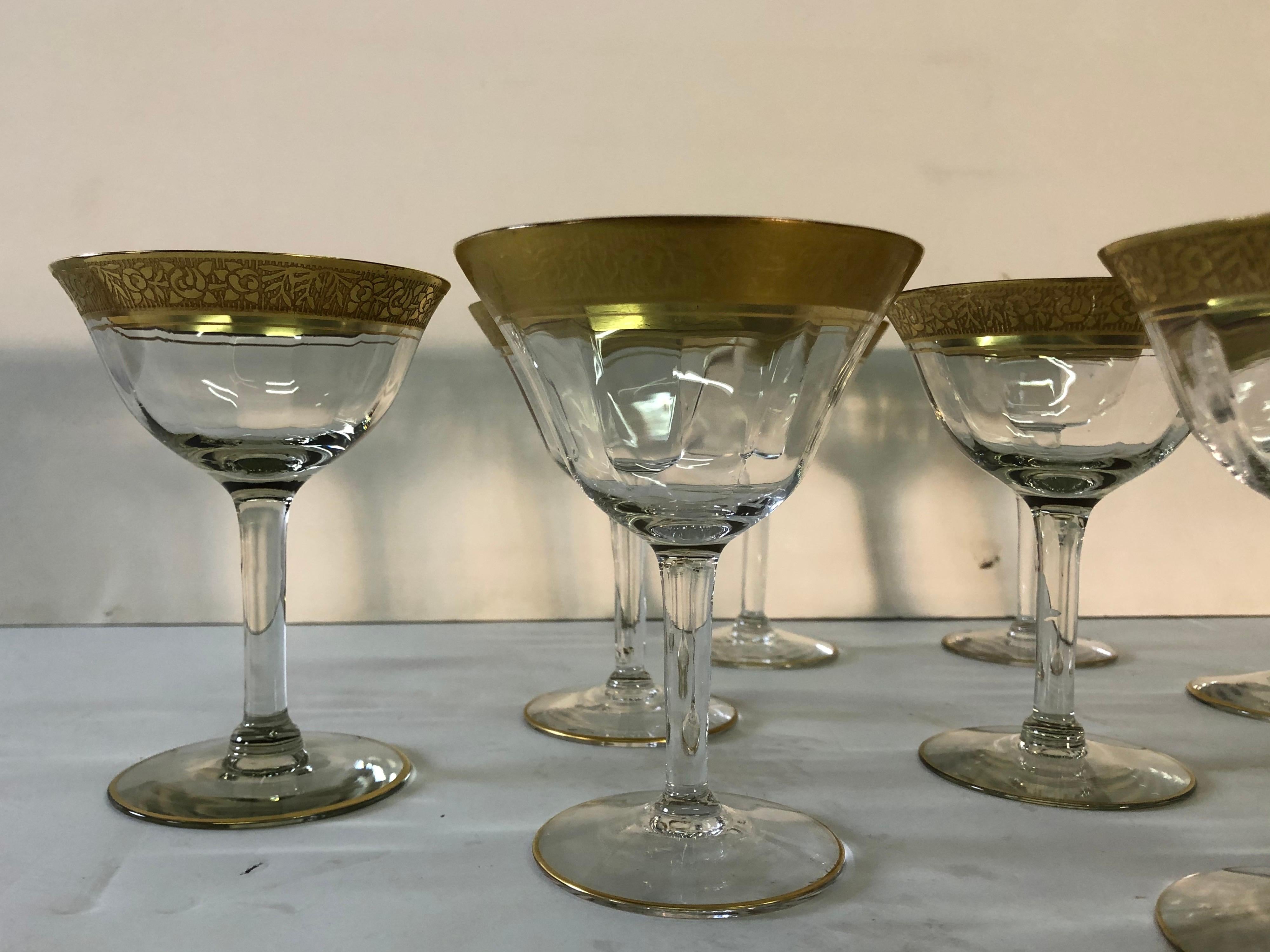 Vintage set of 10 Tiffin Glass Co. Rambling rose gold rim coupes. Light wear from use to the gold. No marks.