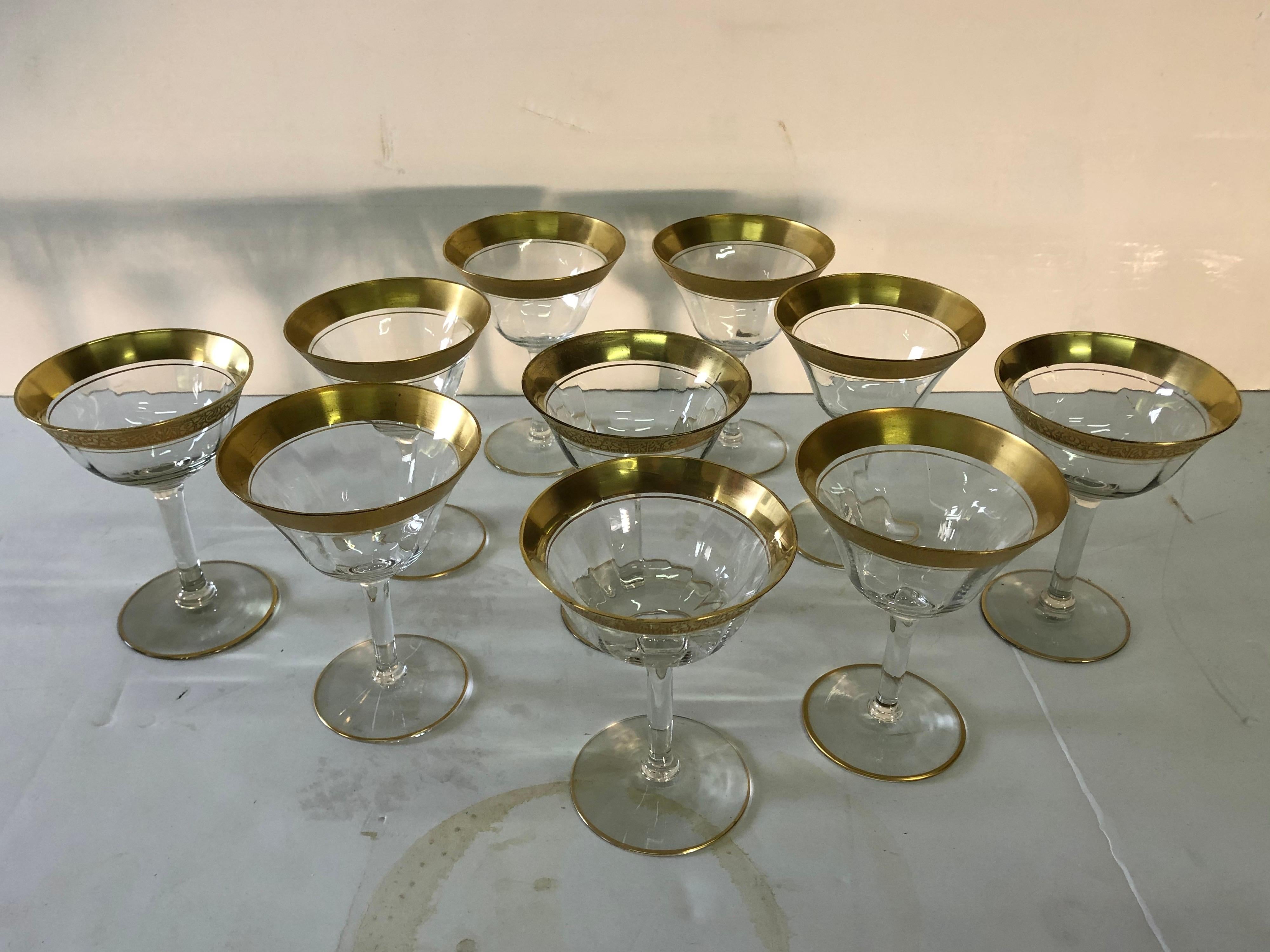 Hollywood Regency Tiffin Glass Co. Rambling Rose Gold Rim Coupes, Set of 10 For Sale