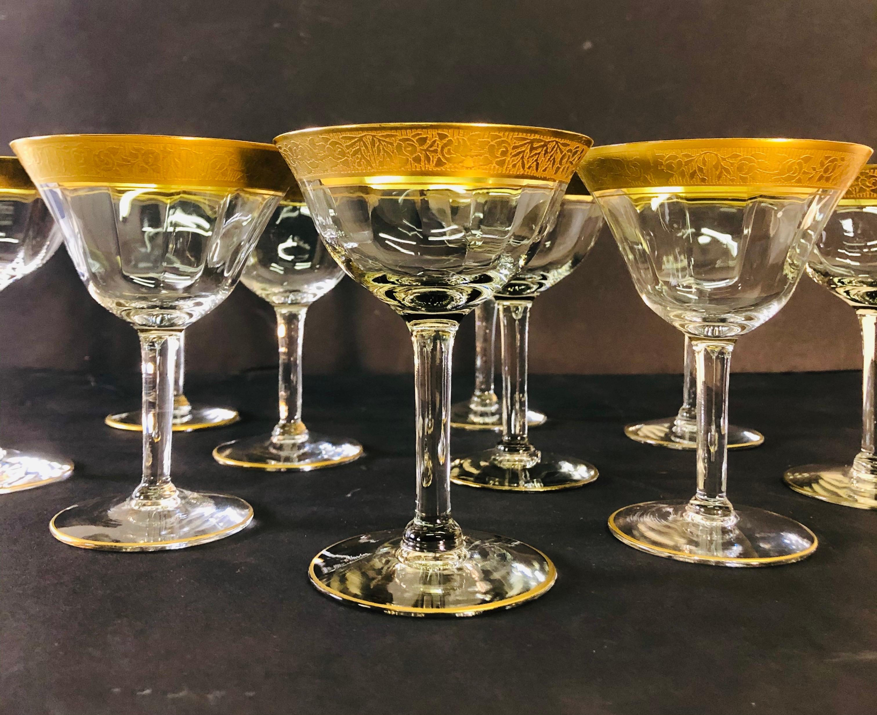 Tiffin Glass Co. Rambling Rose Gold Rim Coupes, Set of 10 In Good Condition For Sale In Amherst, NH