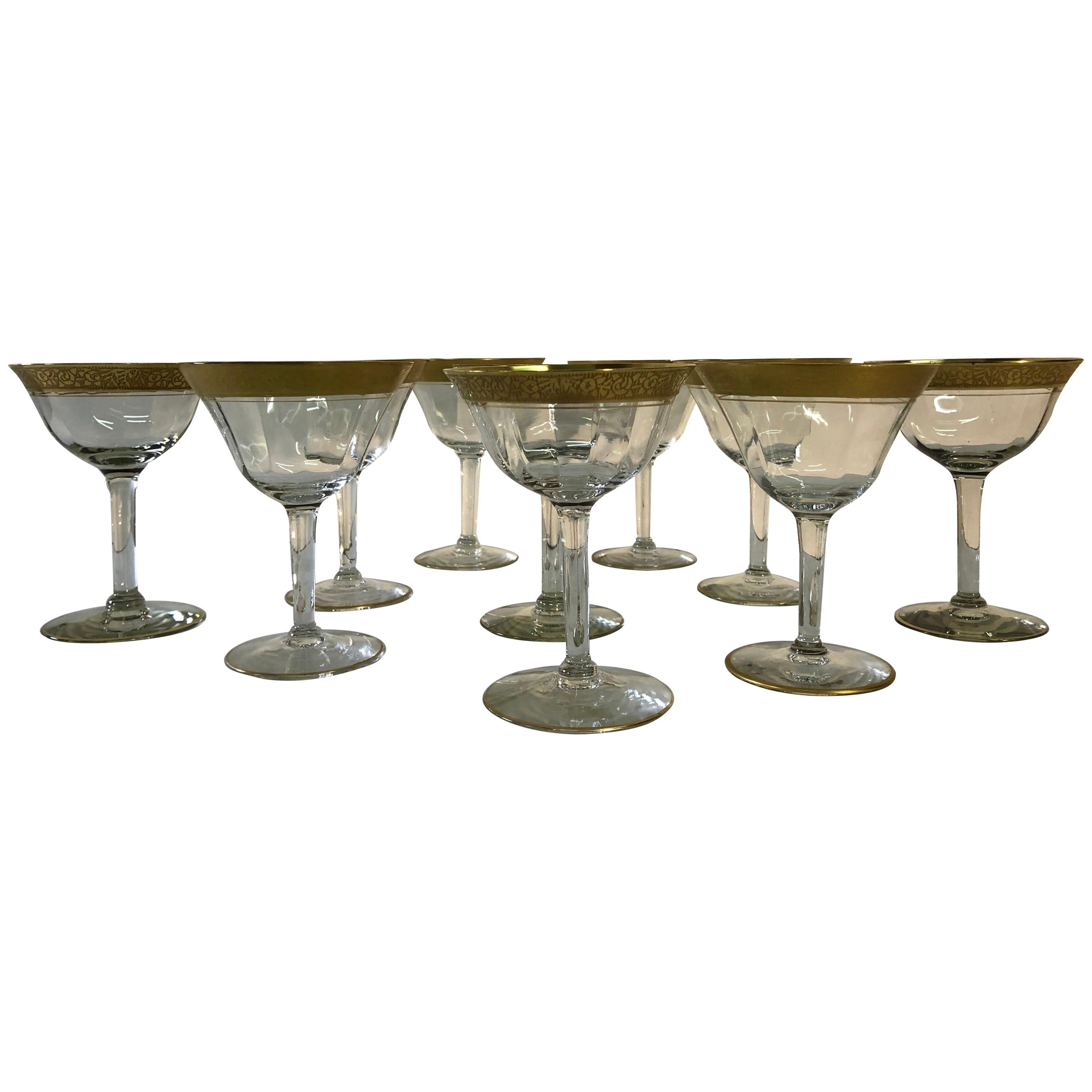Tiffin Glass Co. Rambling Rose Gold Rim Coupes, Set of 10 For Sale