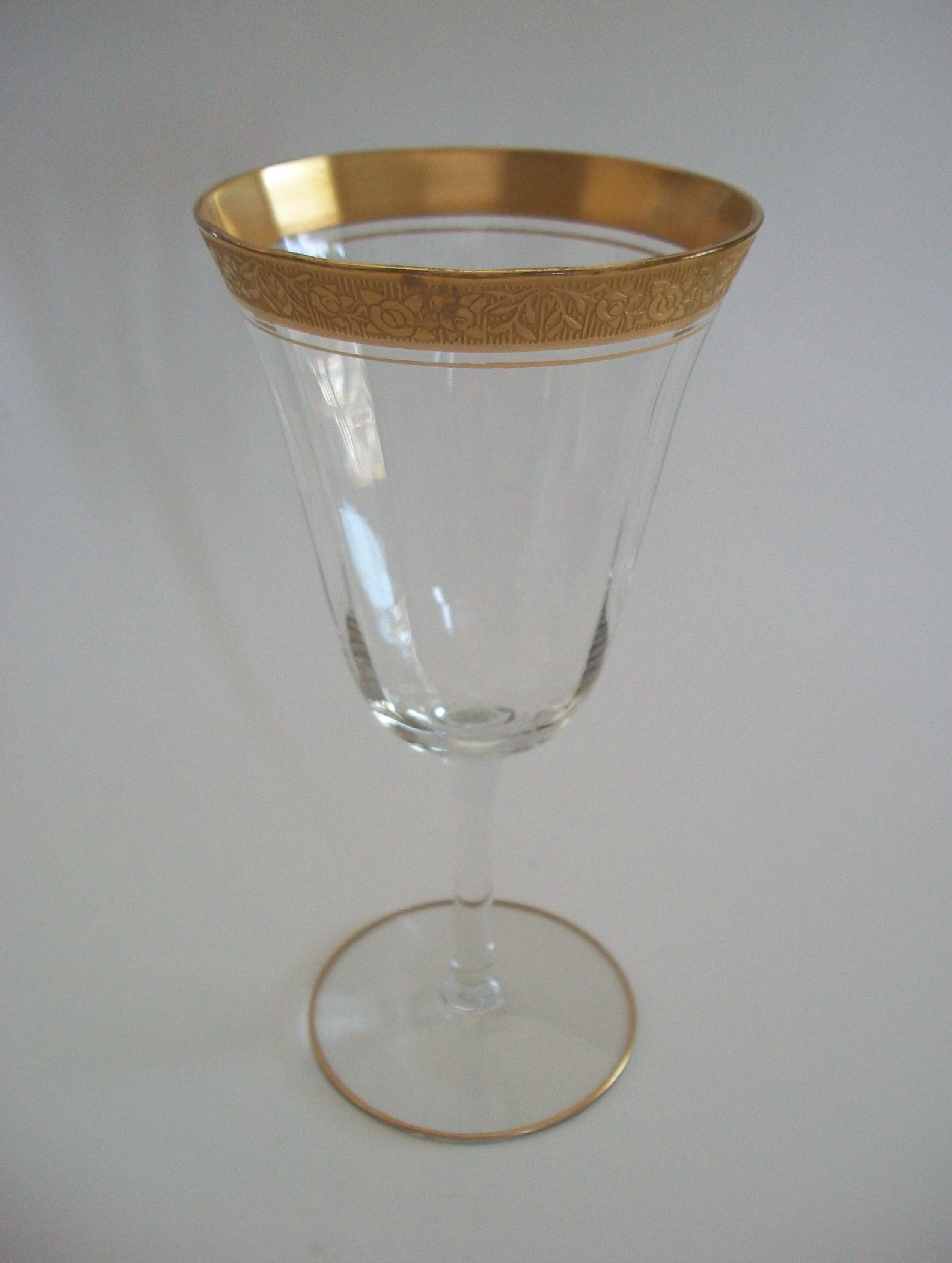 TIFFIN GLASS - Crystal Wine/Water Glass - Etched Gold Rim - U.S. - Circa 1950's For Sale 7