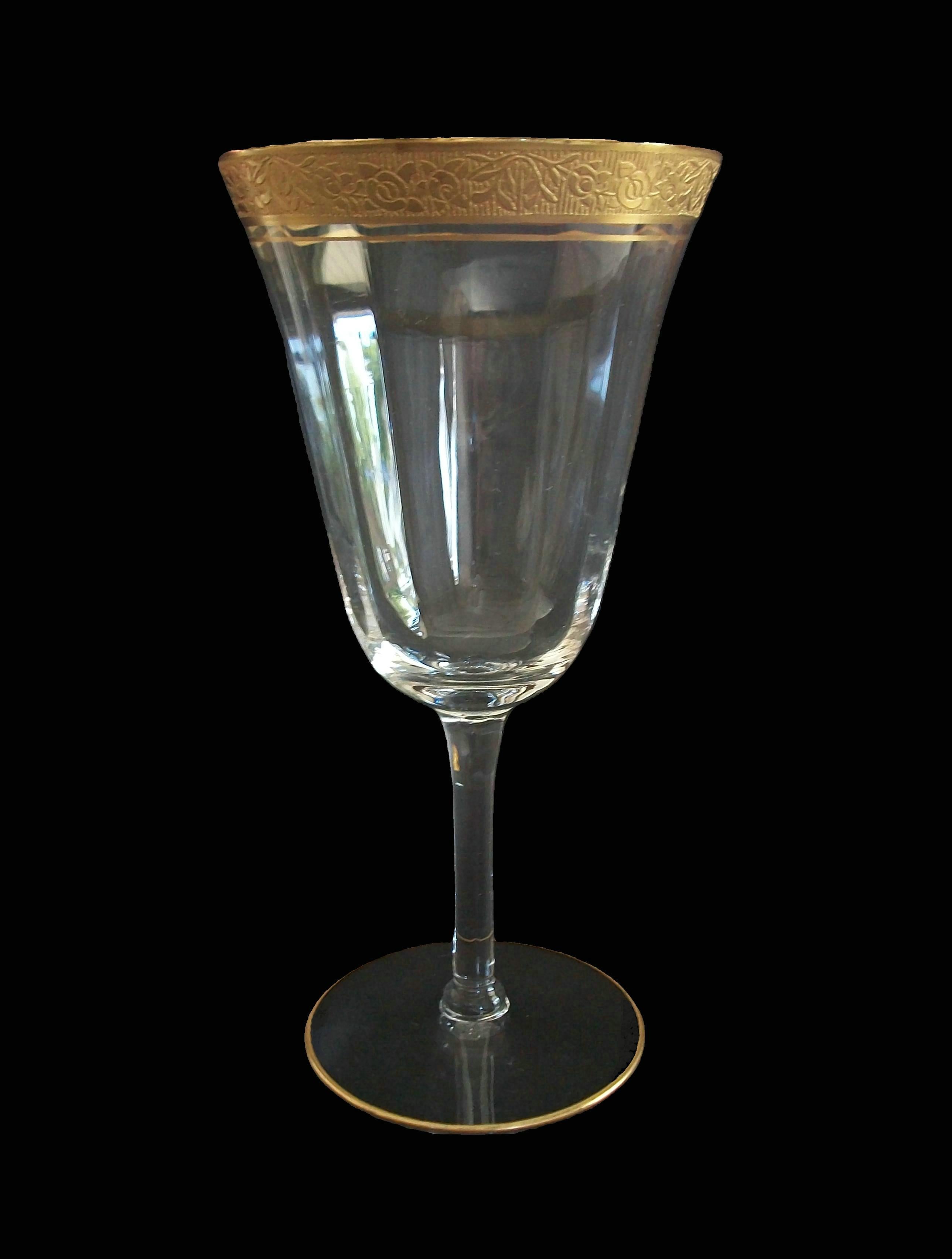 TIFFIN GLASS (Manufacturer) - Rambler Rose Clear (Pattern Name) - Hollywood Regency fine quality needle etched crystal wine/water glass - featuring a floral etched pattern to the 24K gold rim and fine line trim - plain paneled sides - plain base