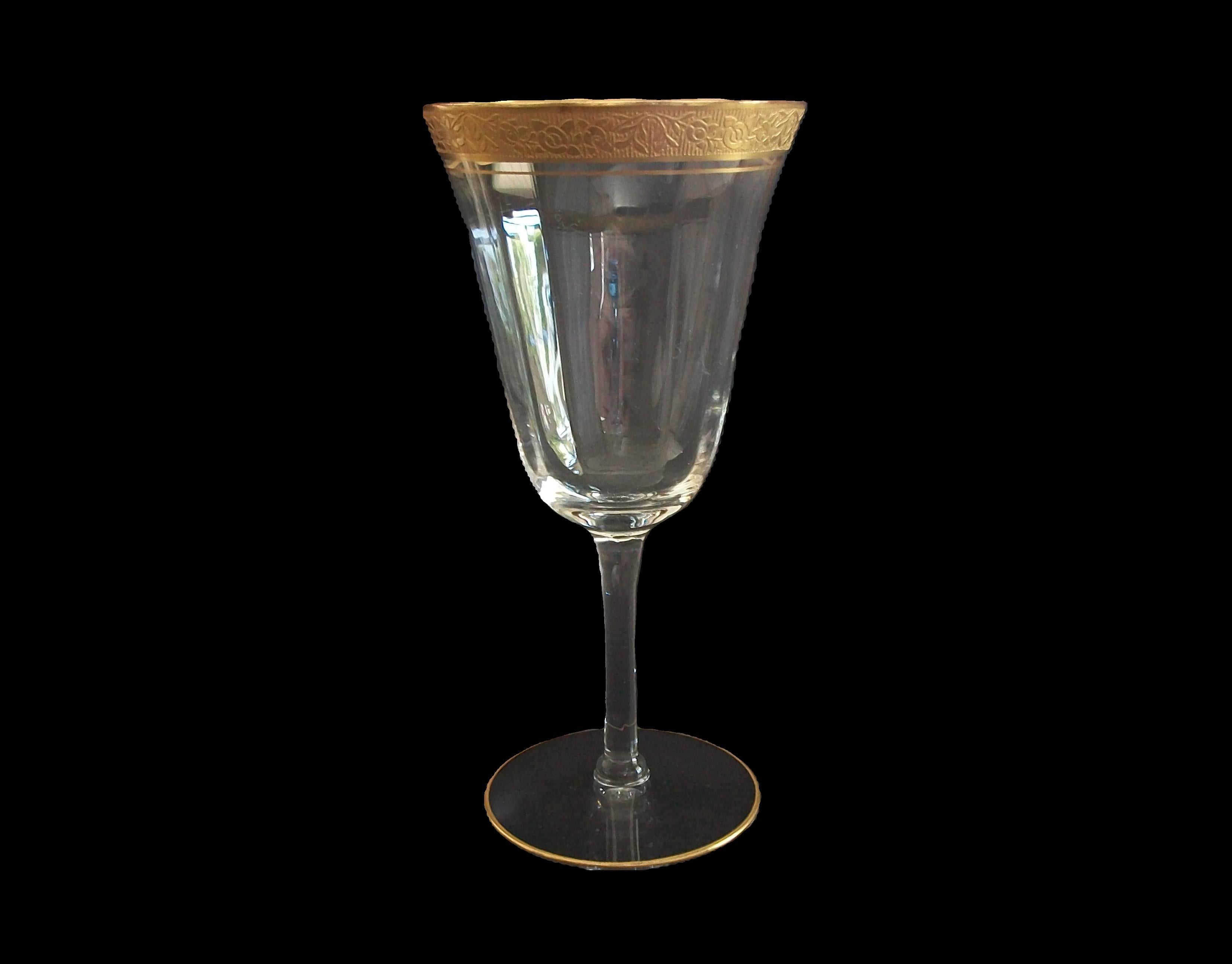 Hollywood Regency TIFFIN GLASS - Crystal Wine/Water Glass - Etched Gold Rim - U.S. - Circa 1950's For Sale