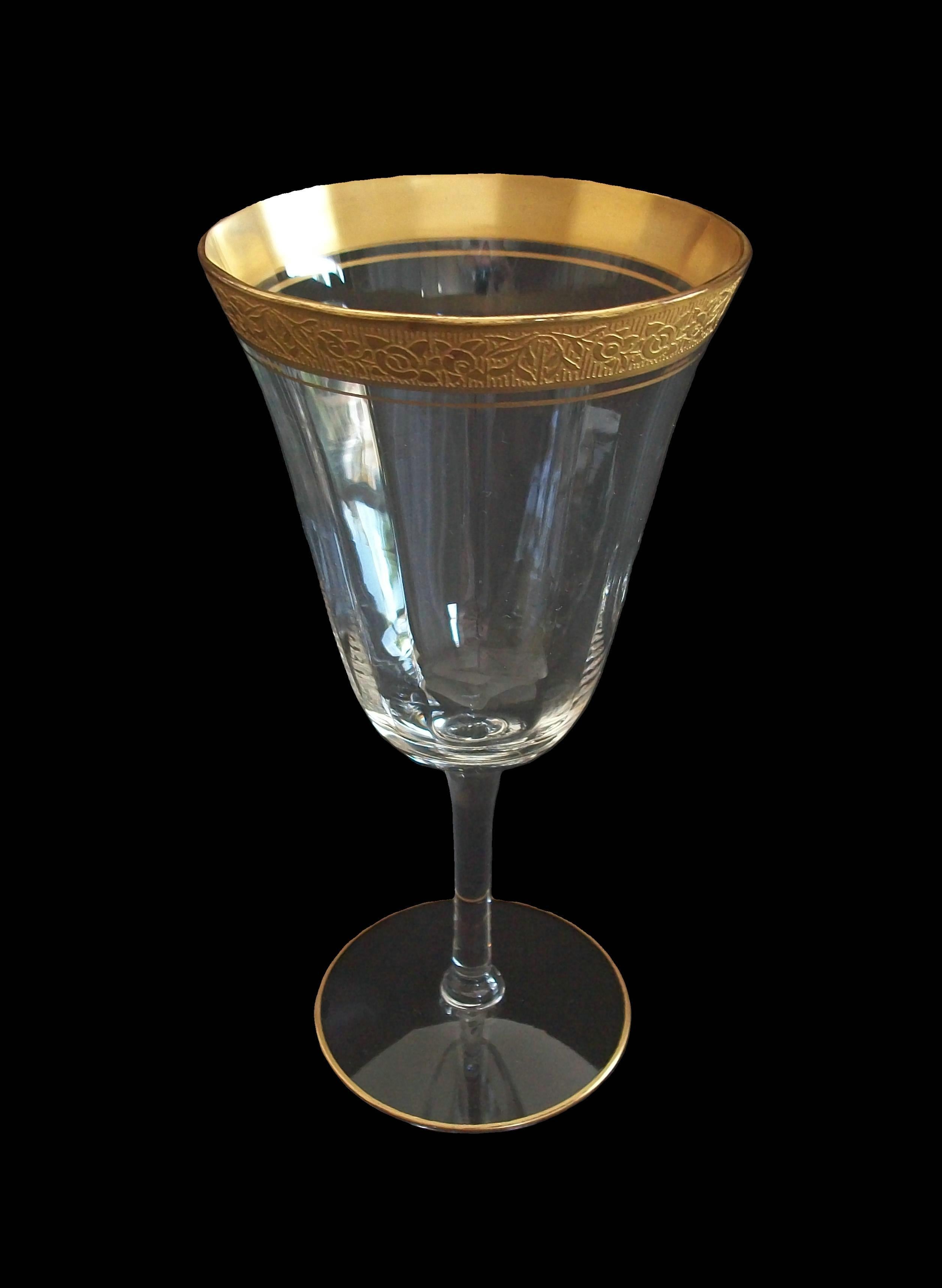 American TIFFIN GLASS - Crystal Wine/Water Glass - Etched Gold Rim - U.S. - Circa 1950's For Sale