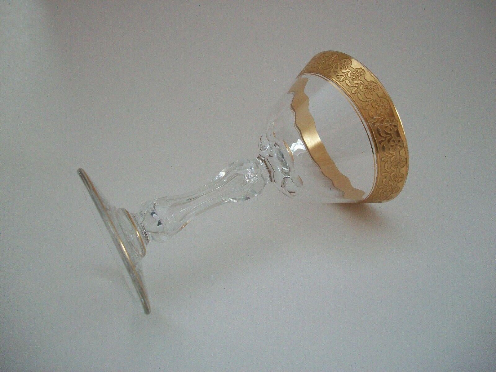 Renaissance Revival Tiffin Glass, Cut Crystal Sherry Glasses, Gold Rims, U.S.A., Circa 1950's For Sale
