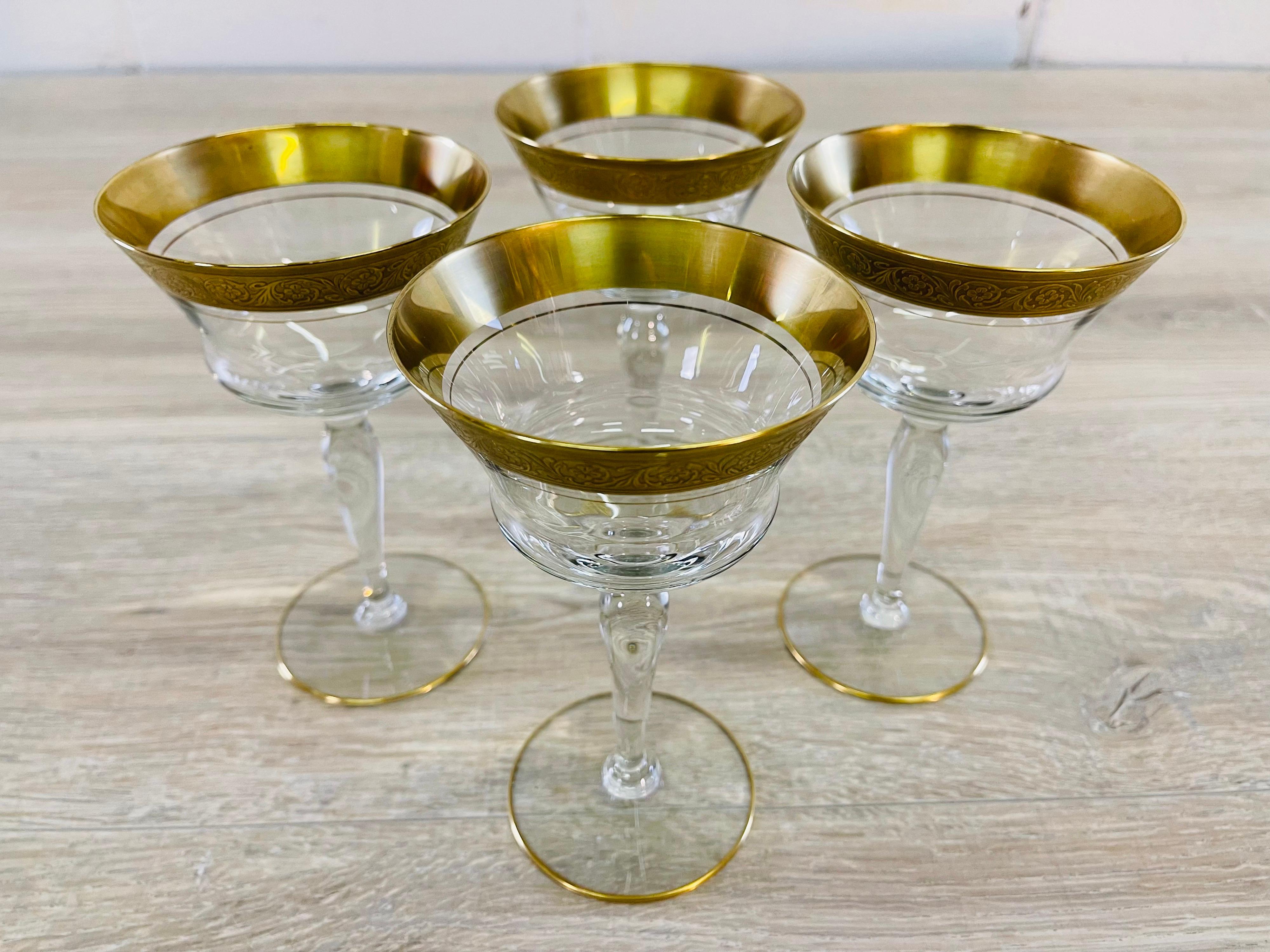 Vintage 1950s set of 4 Tiffin glass rambling rose gold rim coupe stems. No marks.