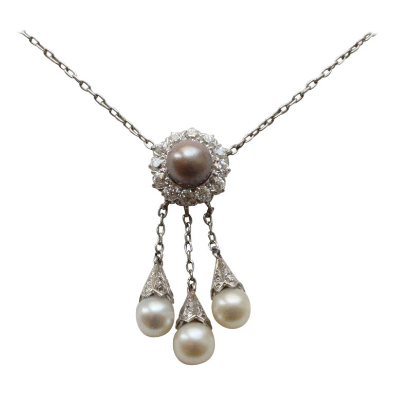 Tiffnay & Co. Edwardian Platinum Pearl and Diamond Necklace For Sale
