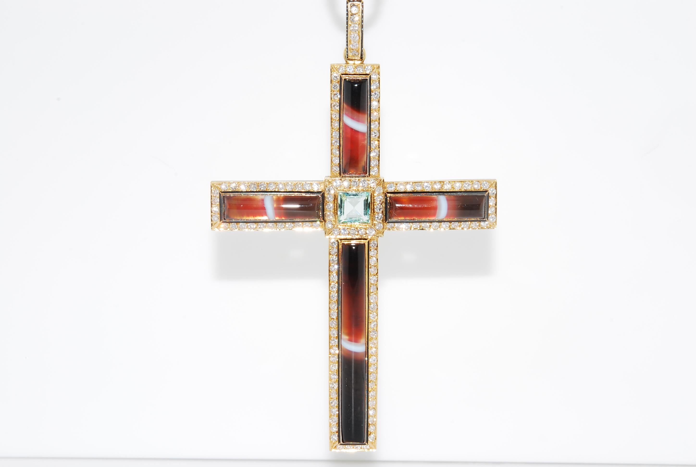 Big, bold, amazing, masterpiece cross pendant. Very rare red tiger Agate (25 CTW) with sharp lines. These four rare stones all match! Also has 153 - diamonds, 3.25 carats total weight of diamonds set in 18k Yellow gold with enamel on the side in the