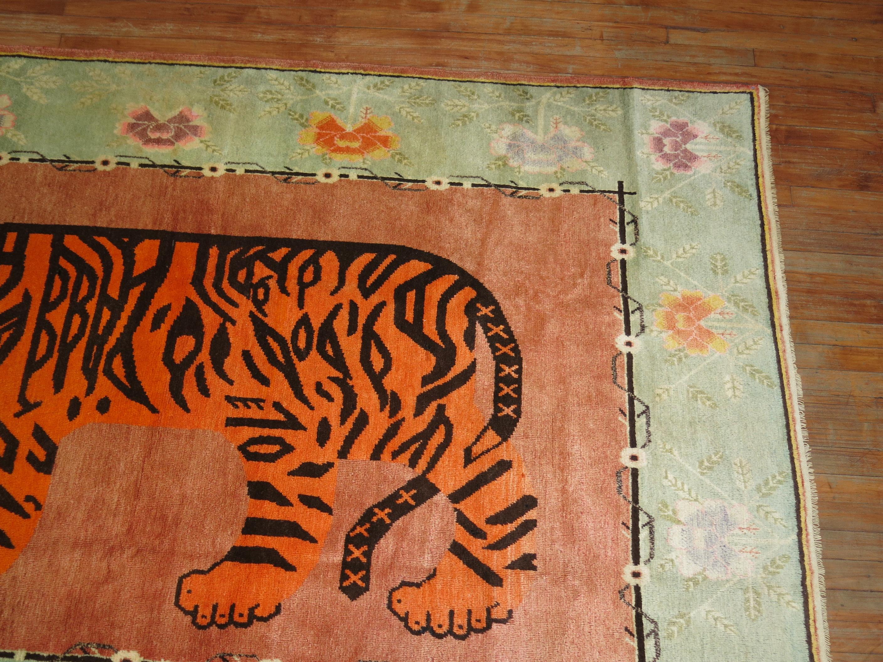 Folk Art Tiger Antique Khotan Rug