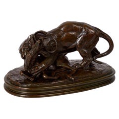Bronzeskulptur „Tiger beim Angriff auf einen Hirsch“ von Antoine-Louis Barye, um 1880