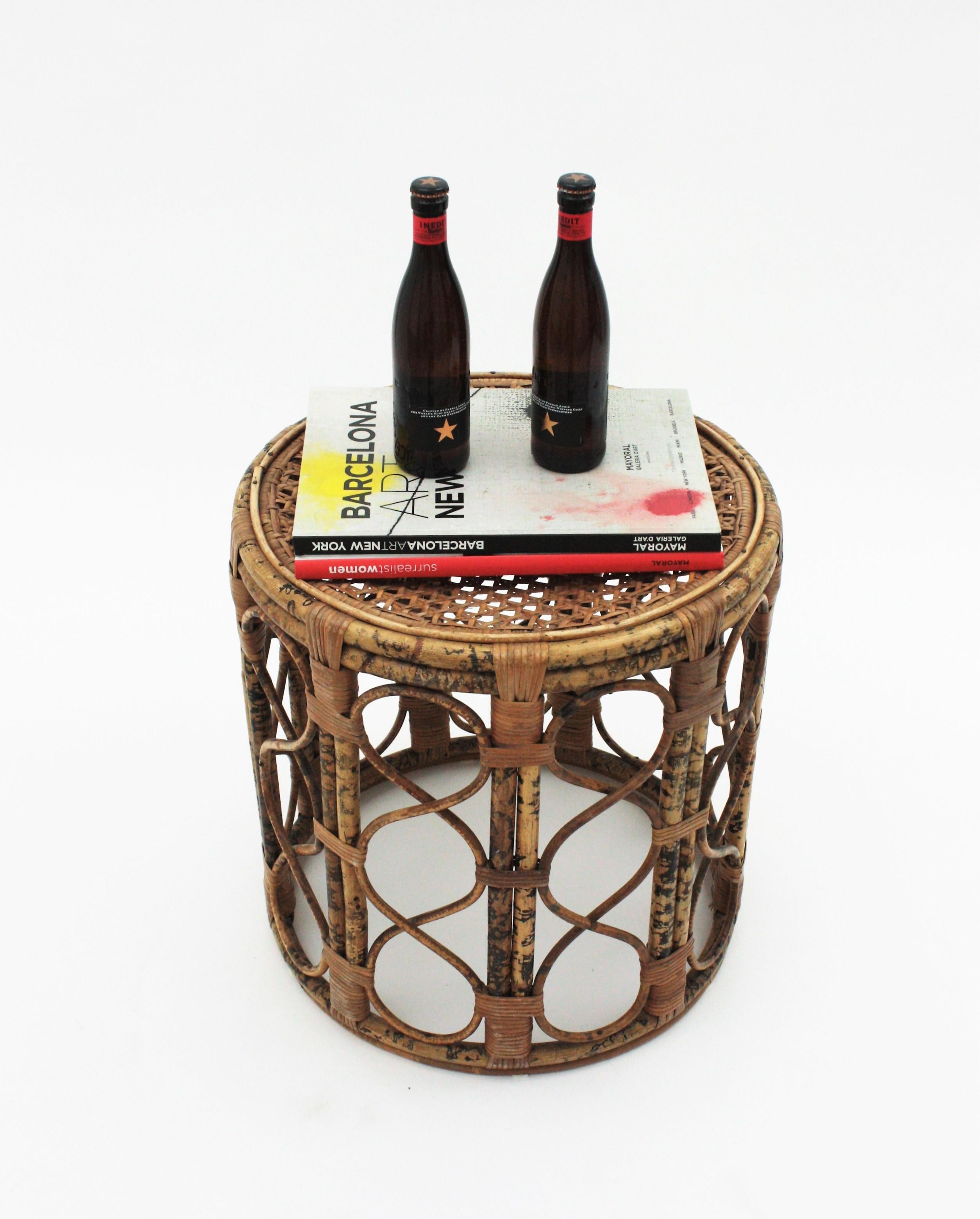 French Side Table or Stool in Tiger Bamboo Rattan with Woven Wicker Top, 1940s For Sale 2