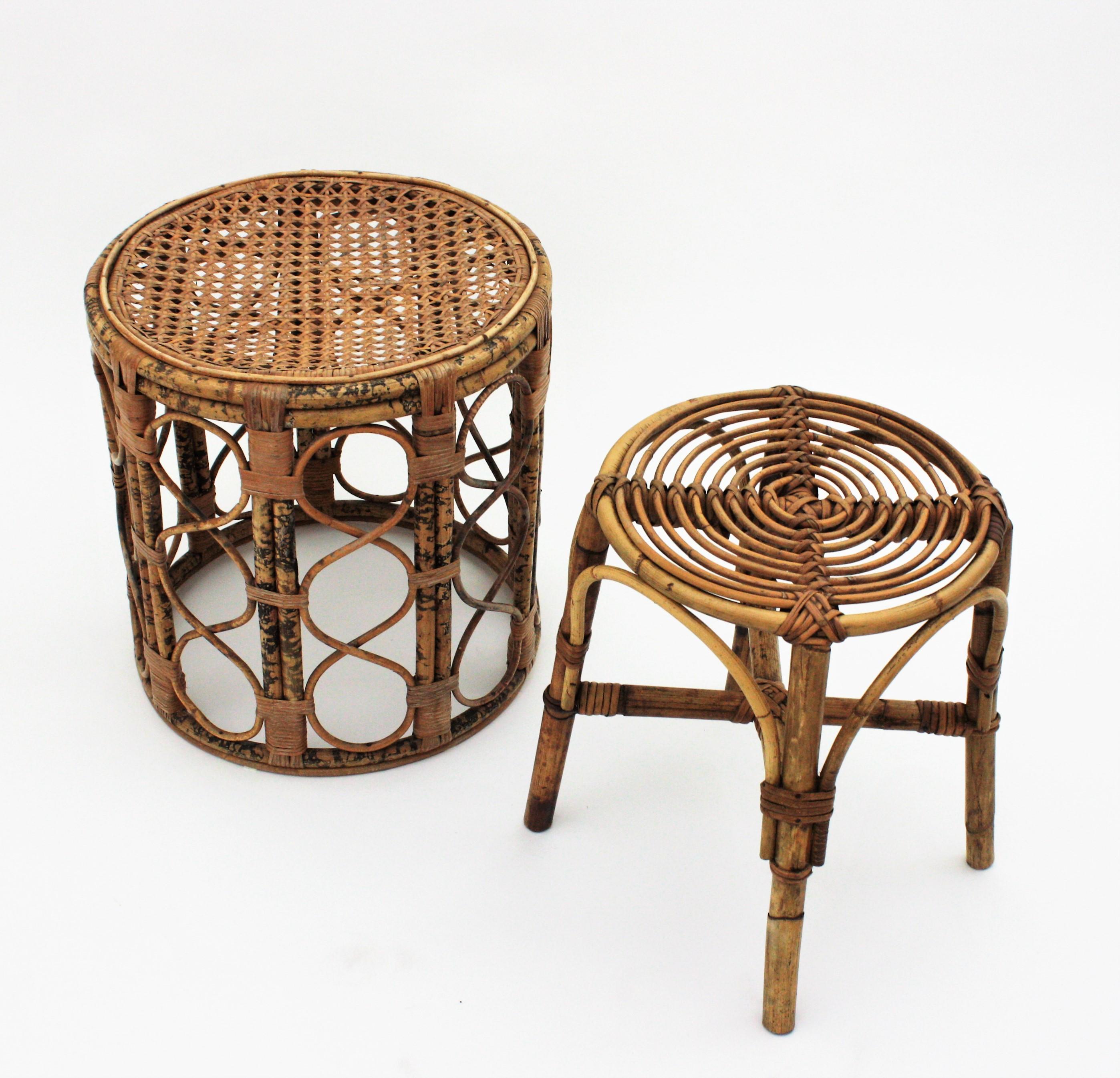 French Side Table or Stool in Tiger Bamboo Rattan with Woven Wicker Top, 1940s For Sale 3