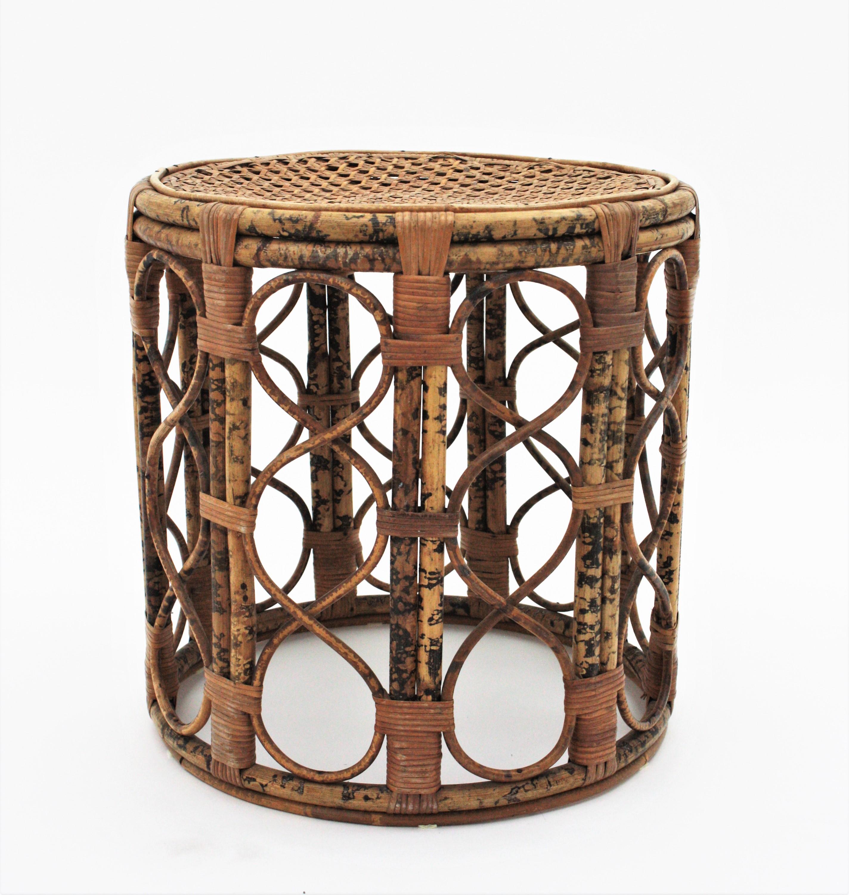 French Side Table or Stool in Tiger Bamboo Rattan with Woven Wicker Top, 1940s For Sale 4